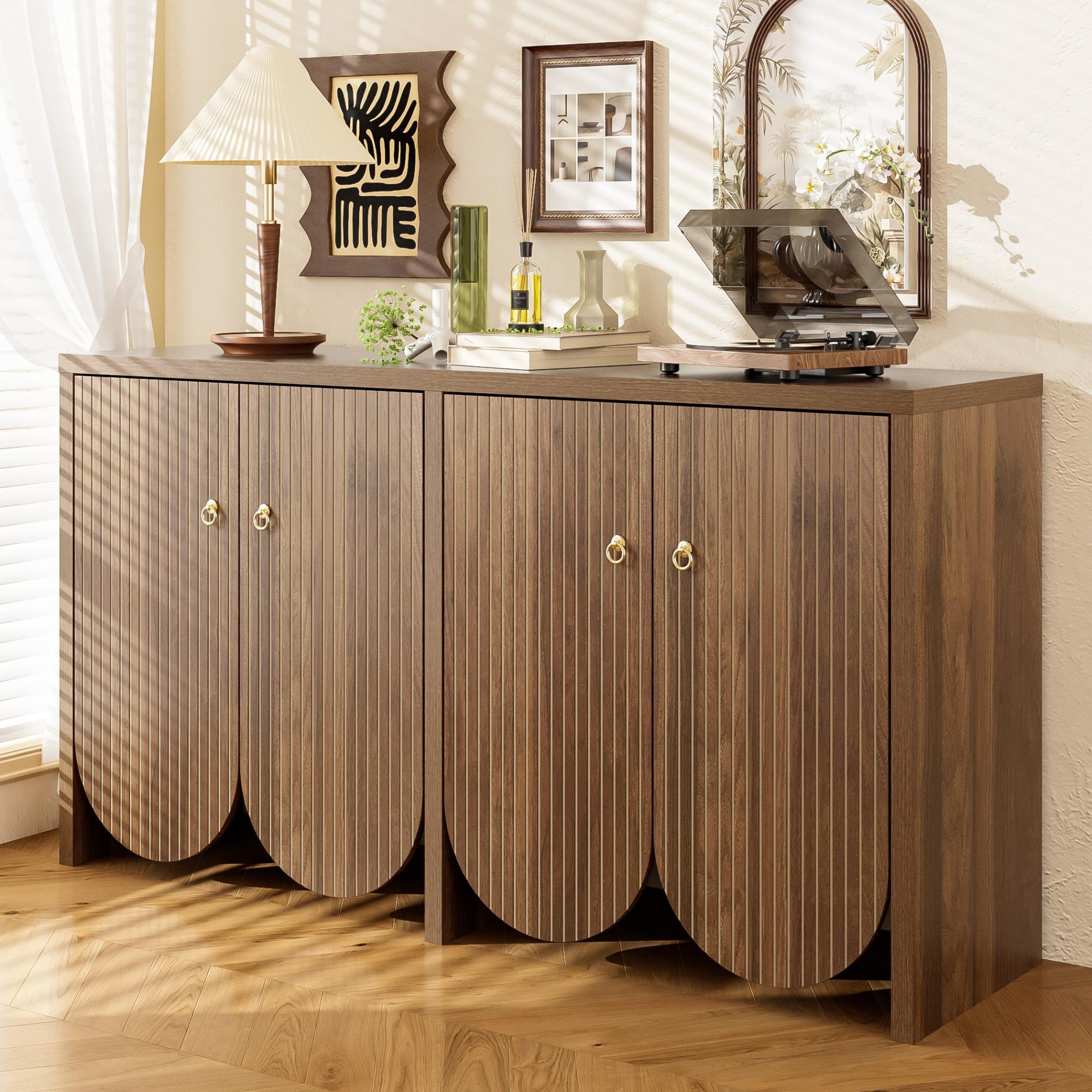 Elegancka orzechowa komoda – 147×40×80 cm z 4 drzwiami, regulowanymi półkami i aluminiowymi uchwytami - 2