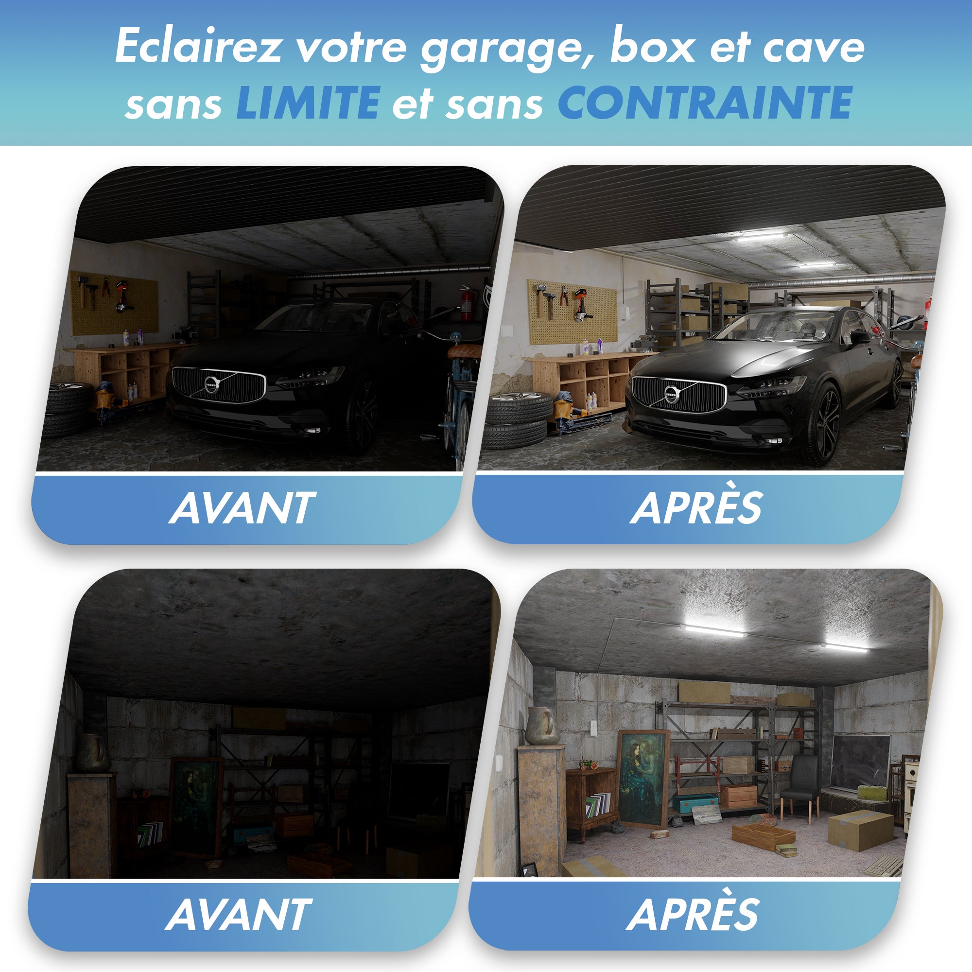 Kit éclairage sans fil garage box cave sous sol - 2 réglettes led - 1 Batterie - 1 interrupteur radio - Gamme CONFORT - 2200 lumens - 5