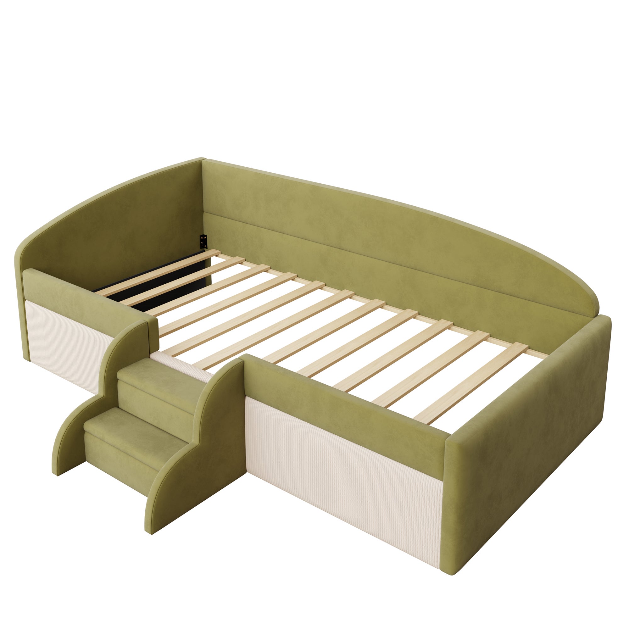 Divano letto 90x190 cm velluto verde beige con poggiapiedi e braccioli - 8