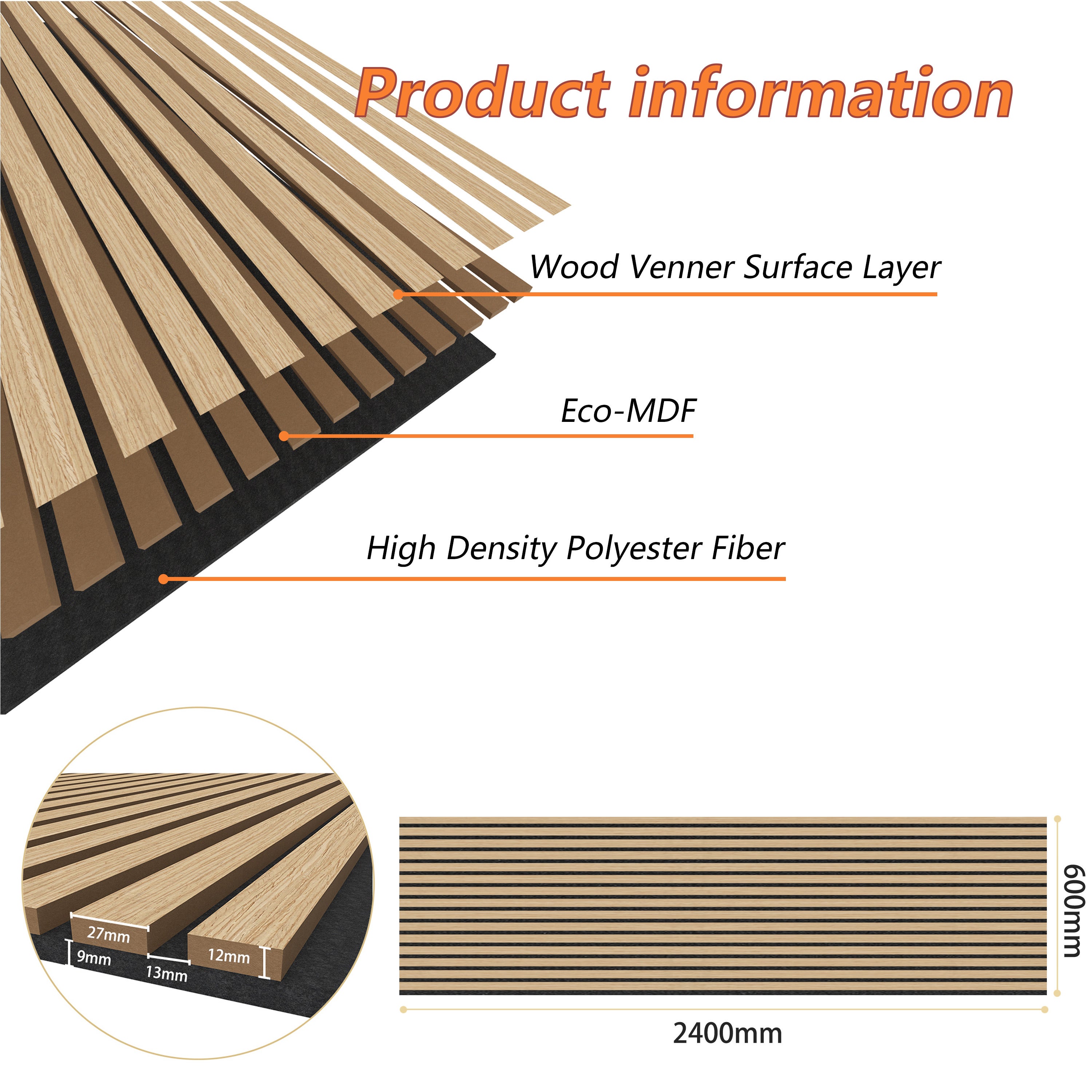 Set di 2 pannelli decorativi fonoassorbenti in legno MDF, 240 cm × 60 cm, Sp 21 mm, Color rovere chiaro - 3