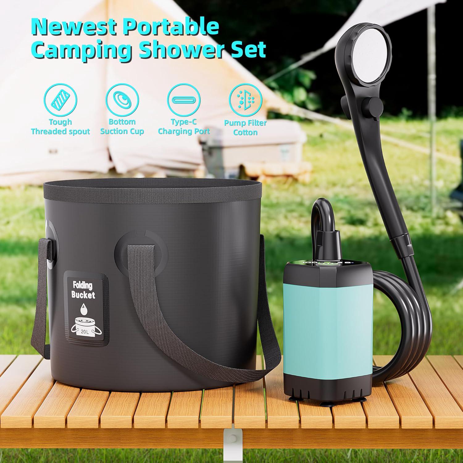 Kit Complet de Douche de Camping Portable amélioré, Pompe Rechargeable de 6000 mAh tête de pulvérisation Multi-Mode, Seau d'eau à 5 Vitesses - 6