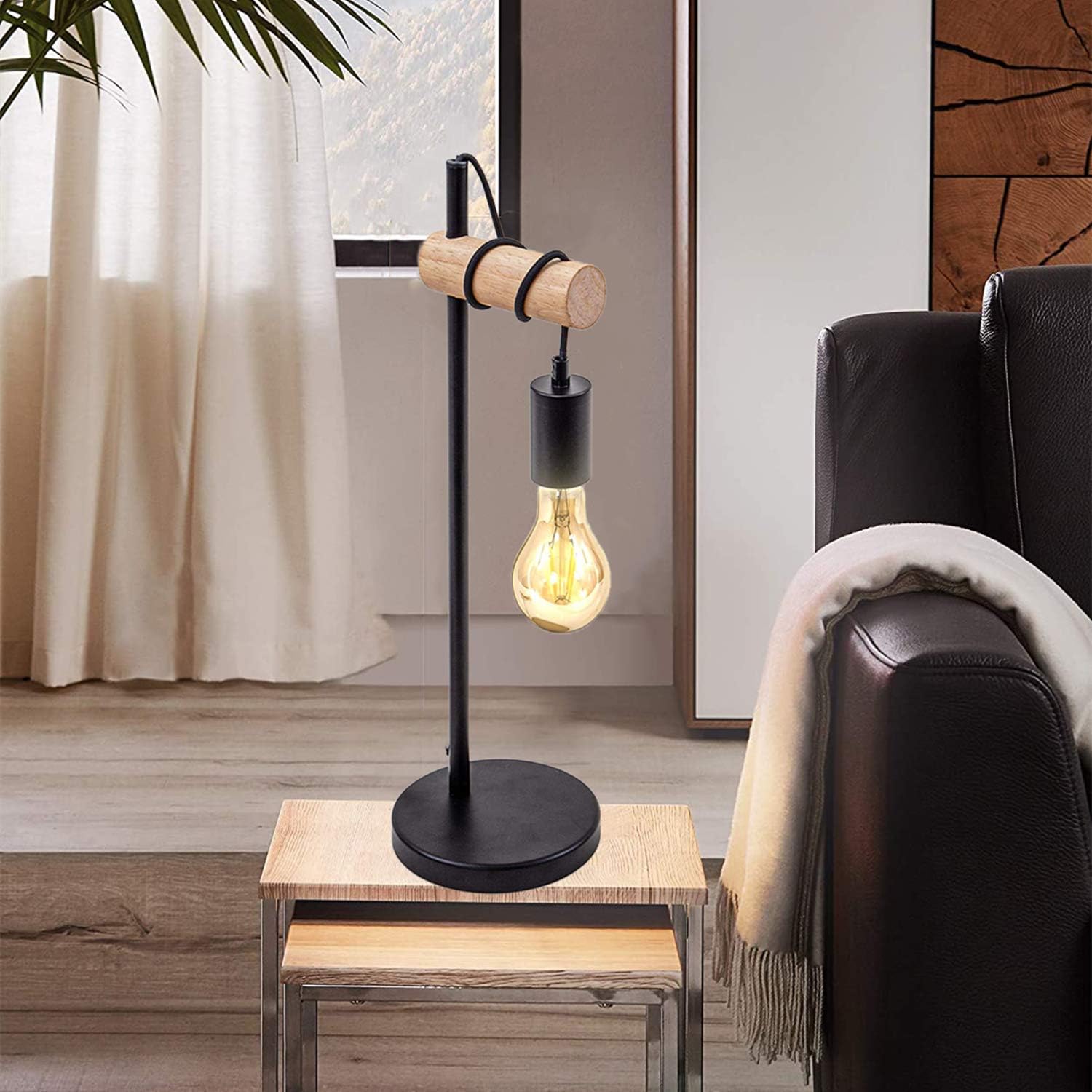 GLAMARIS Lampe de Table, Design Rétro Lampe de Lecture, Bois & Métal, Éclairage du Bureau et de la Chambre,Pour Ampoule LED E27 10W(Non Incluse) - 6