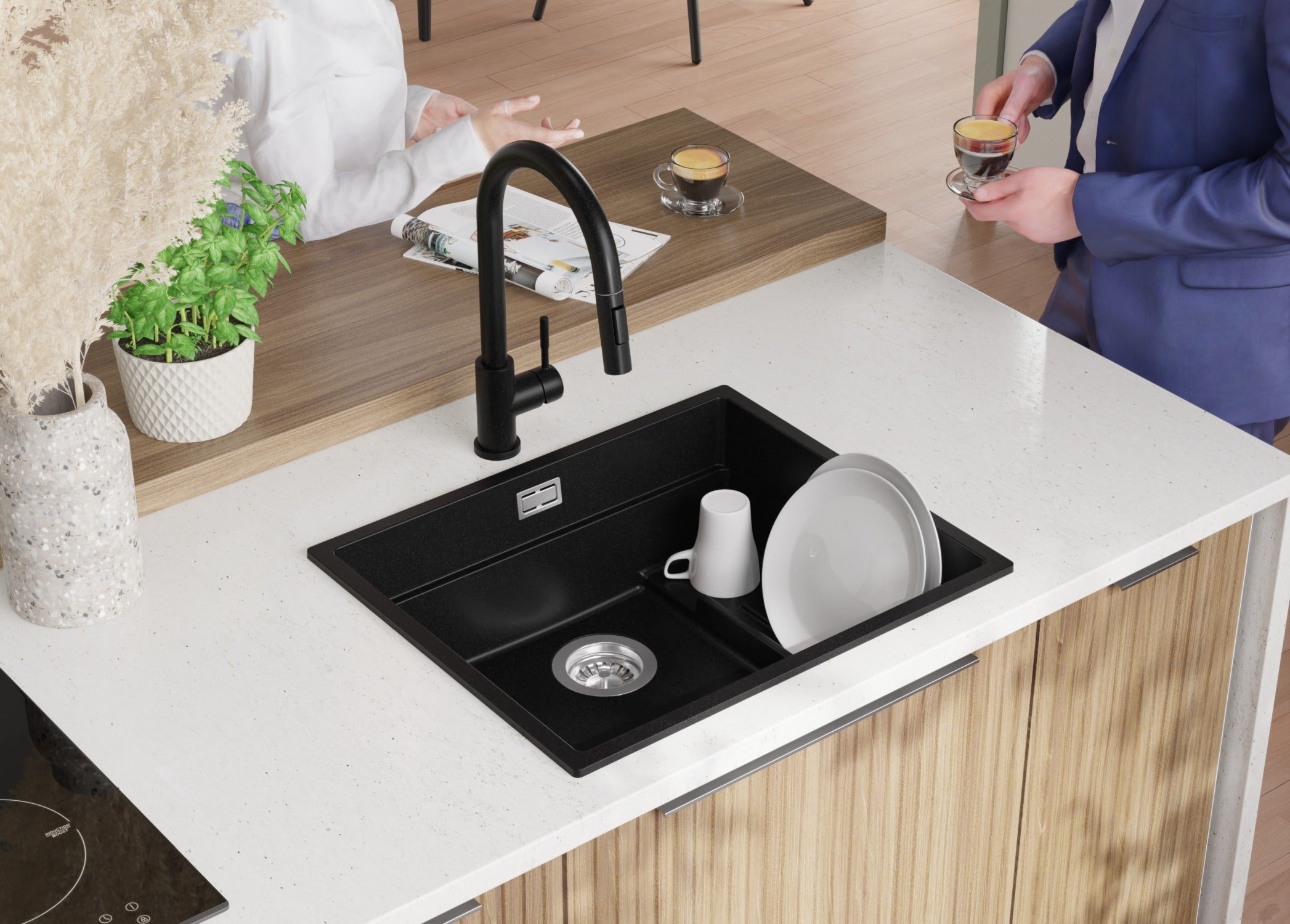 Lavandino da Cucina Nero 56x47cm, Lavello in Granito a 1 vasca + Sifone Classico + Accessori, Lavabo da Cucina Incasso al mobile 60cm PRIMAGRAN - 4