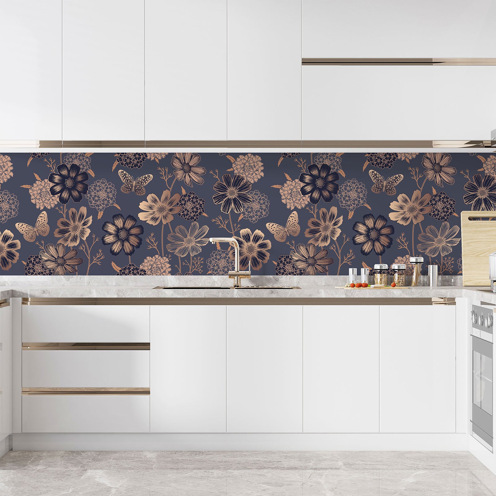 Crédence adhésive sticker pour cuisine - Fleurs Papillons - Adhésif MAT - 60x120 cm - 3
