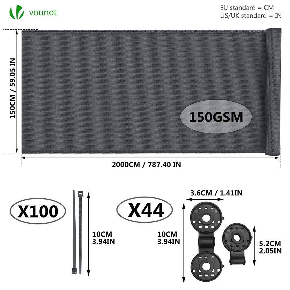 Brise vue occultant en HDPE 150g/m² 1.5x20m avec attaches de fixation anthracite VOUNOT® - 2