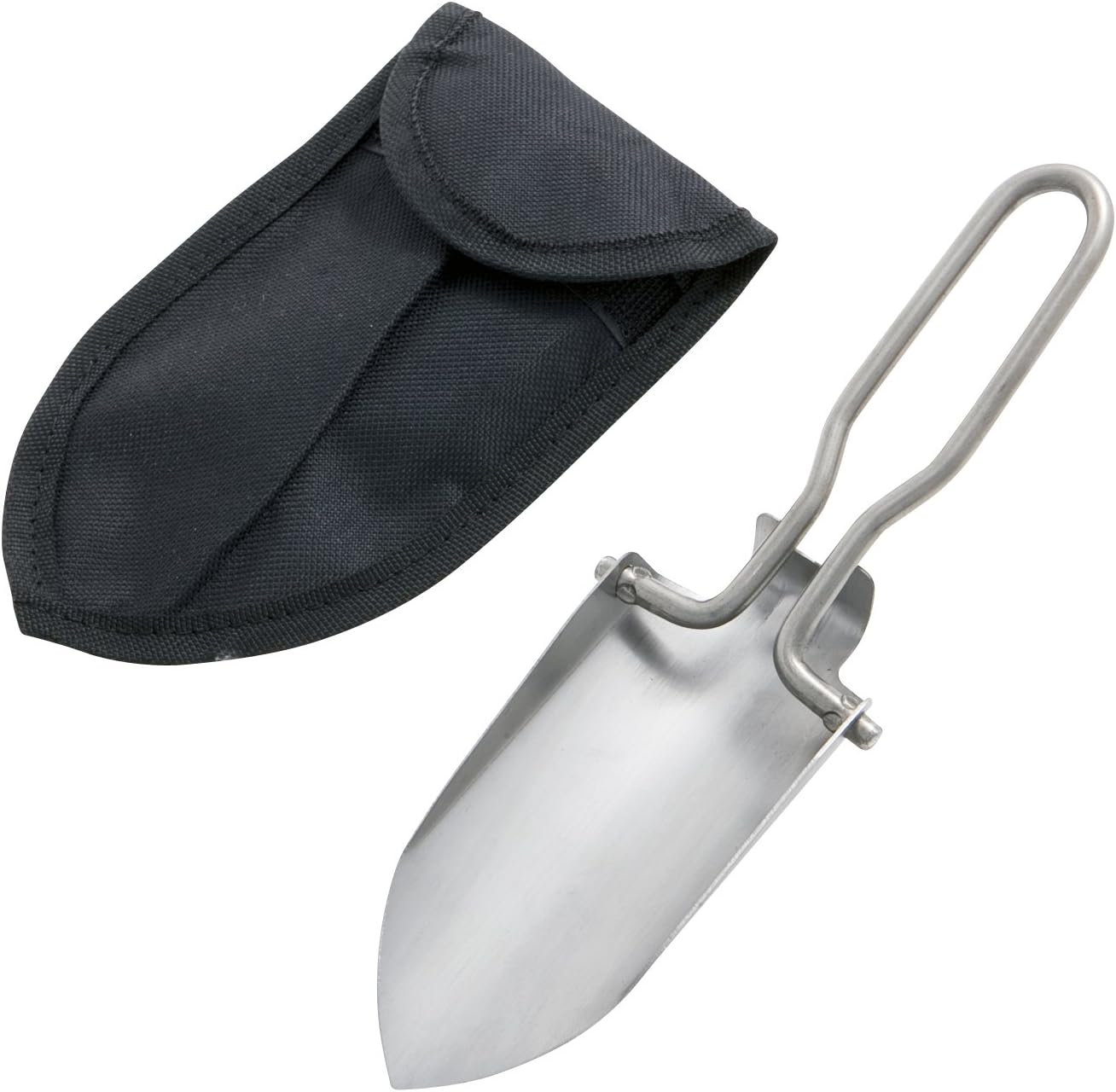Srebrna-mini łopatka w obudowie ze stali nierdzewnej - długość 14,5 cm (złożona), 23 cm (rozłożona) - szerokość 6 cm,