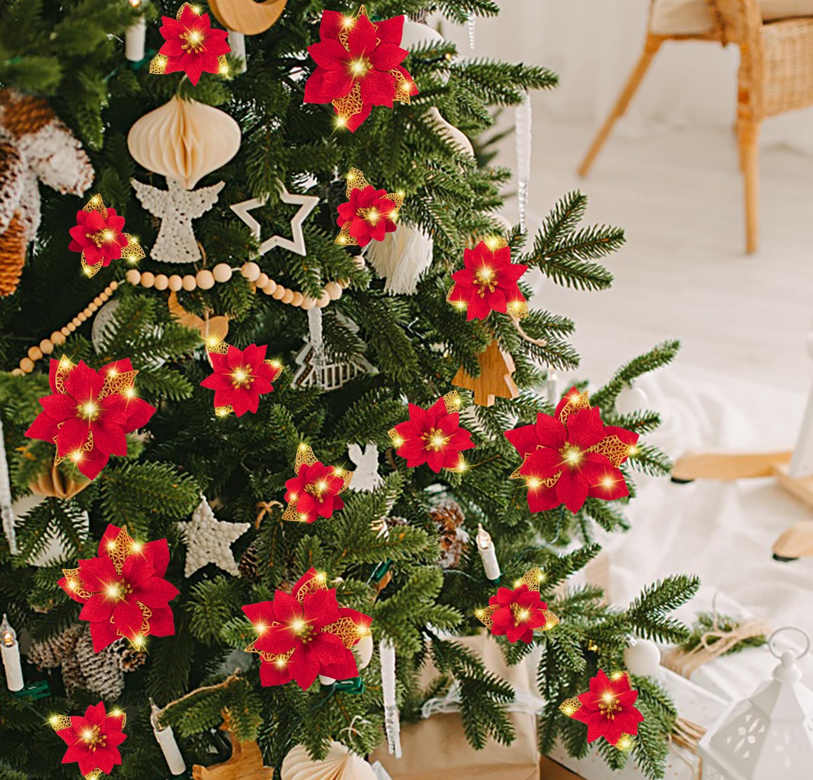 Lot de 32 décorations de Noël, fleurs artificielles scintillantes avec clips, décorations pour sapin de Noël, pendentifs de fleurs artificielles - 6