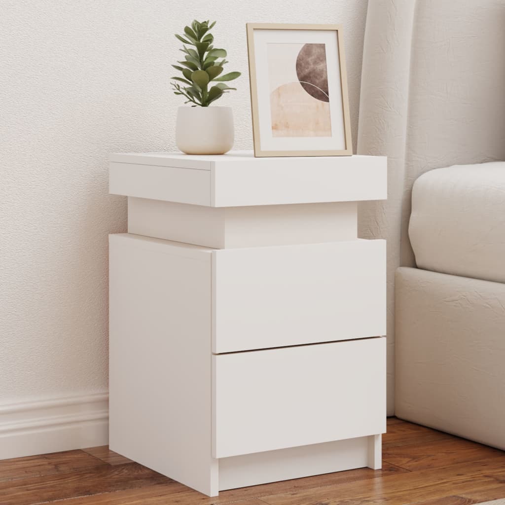 Set di 2 Comodini Camera da letto con Stazione di Ricarica e LED Comodino Bianco lucido in Legno con 3 Cassetti e Armadietti Scorrevoli Nascosti, 16 Colori Regolabile, per Ufficio Soggiorno 39x44x58cm