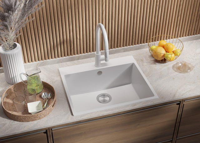 Evier Cuisine en Granit Blanc 58x50cm, Lavabo 1 bac + Kit de Vidage, Évier à Encastrer au meuble 60cm - Riga PRIMAGRAN