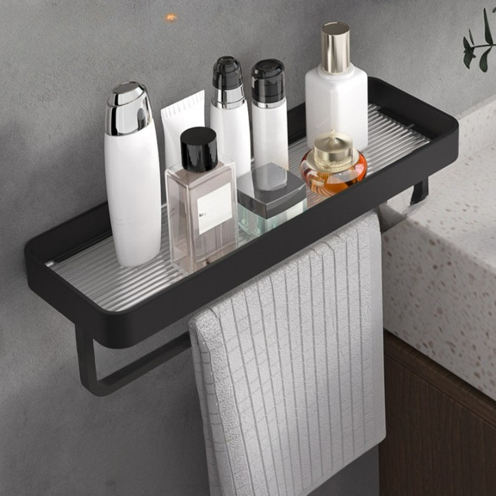 Czarna aluminiowa półka łazienkowa z wieszakiem na ręczniki 40*11,5*3 cm