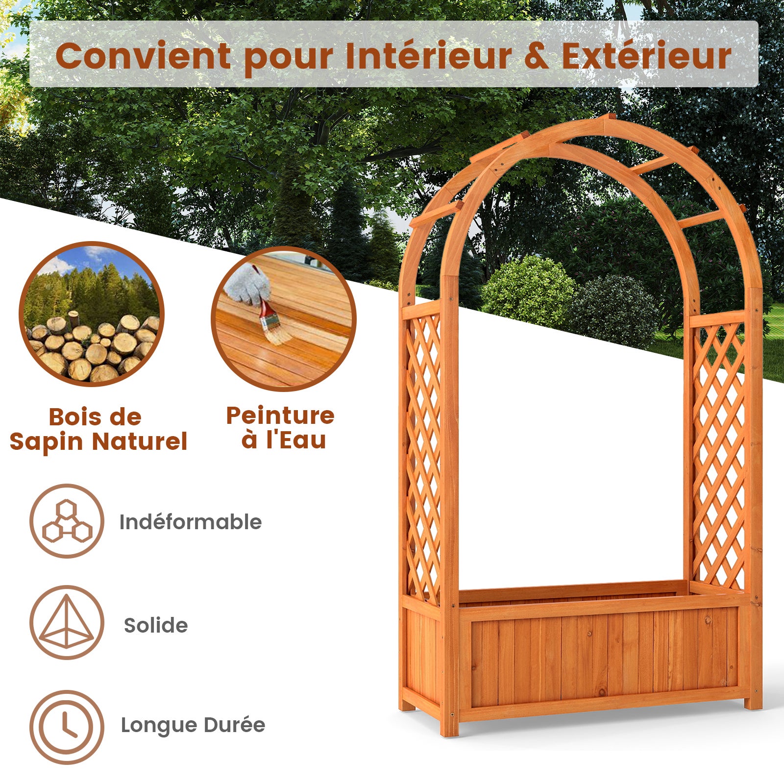 Jardinière Élevée avec Treillis en Arc, Bac à Plantes en Bois avec Doublure et Système de Drainage pour Vignes, Rampantes, Fleurs, Légumes - 4