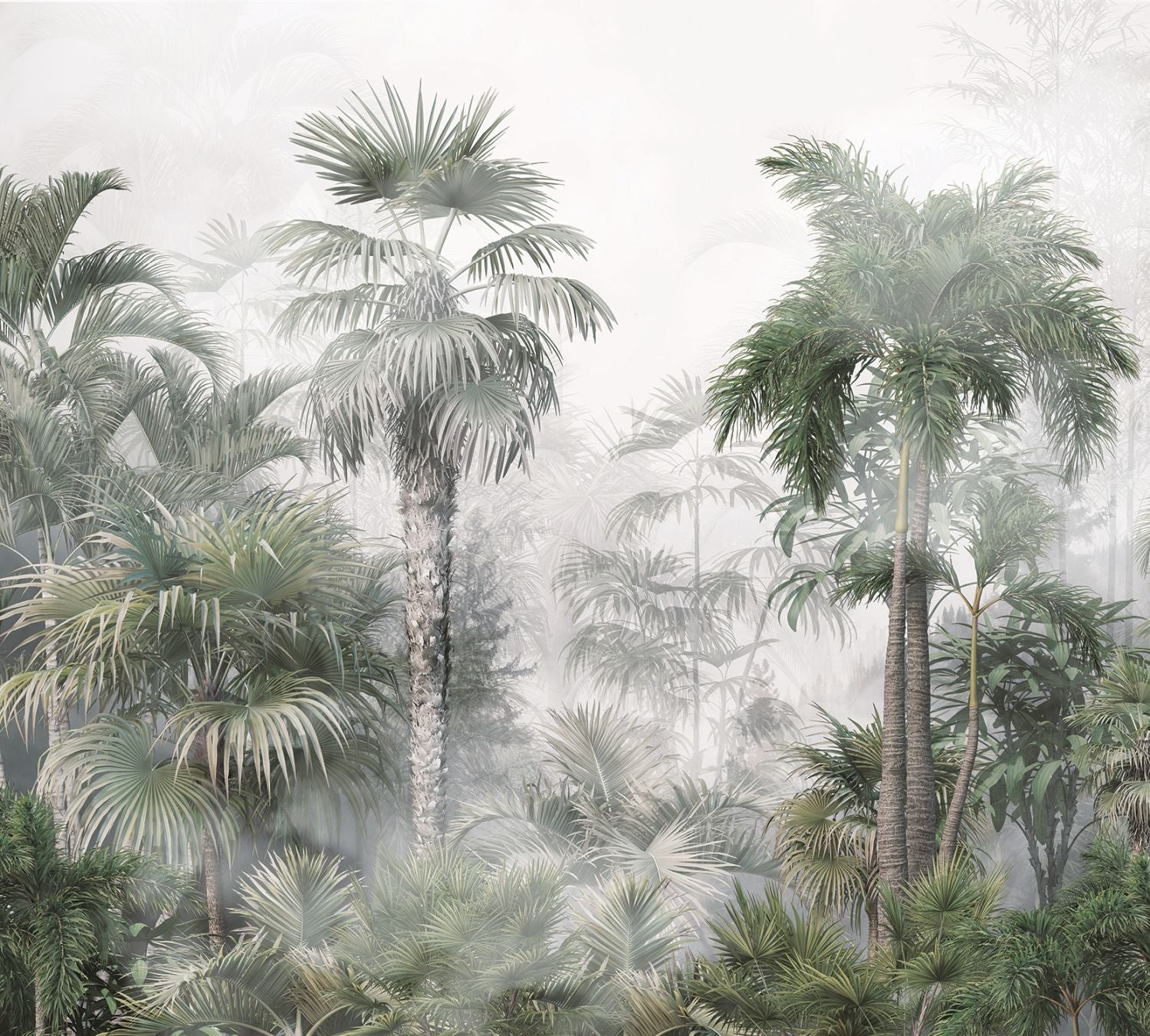 Papier peint panoramique paysage tropical avec des palmiers vert foncé ...