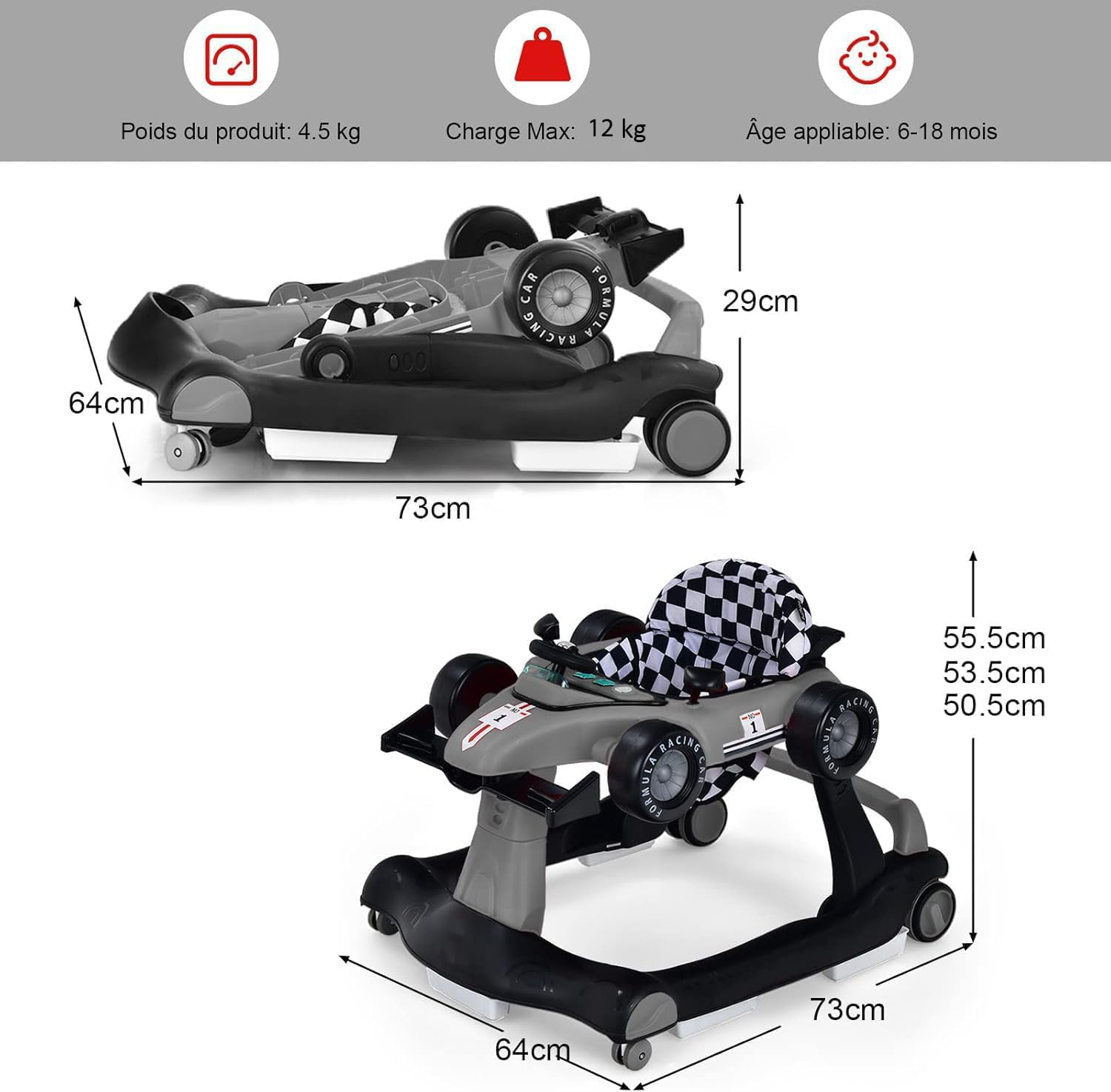 Andadores para Bebé, Andadores para Bebé 4 em 1 com 3 Alturas Ajustáveis, com Música e Luz, Carga 12 kg, para 6 a 18 Meses (Cinza) - 6