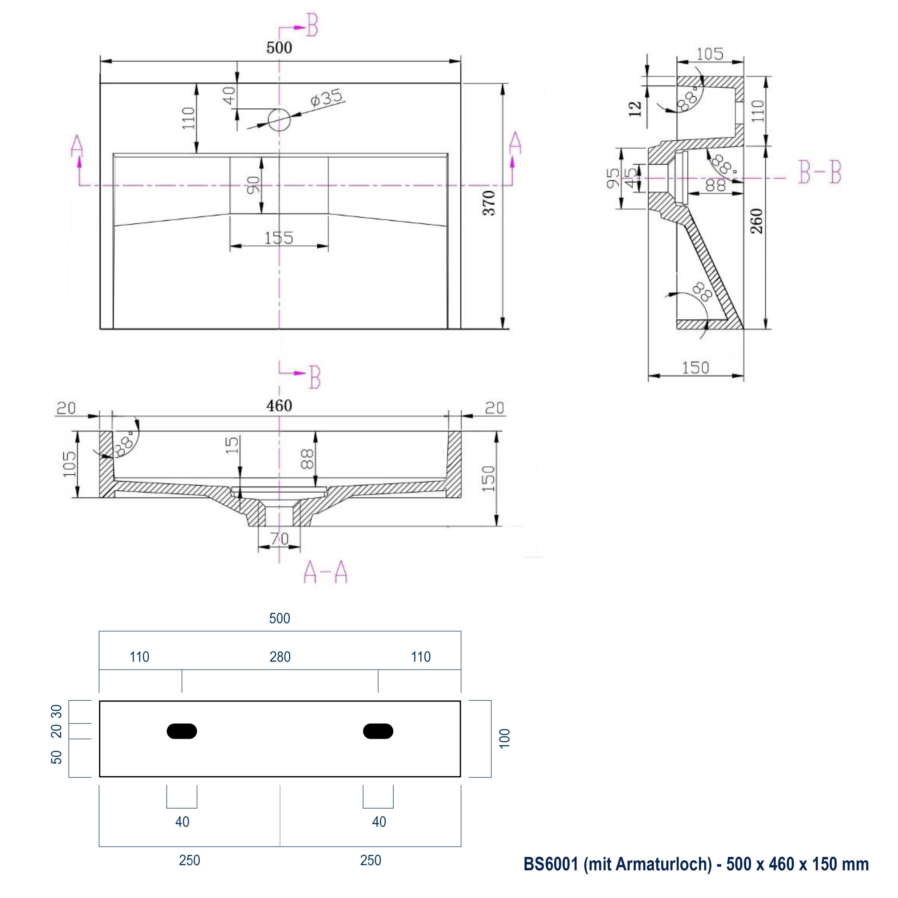 BERNSTEIN - Lavatório de mármore moderno 50x37x15cm suspenso na parede com orifícios pré-perfurados - BS6001 - 5