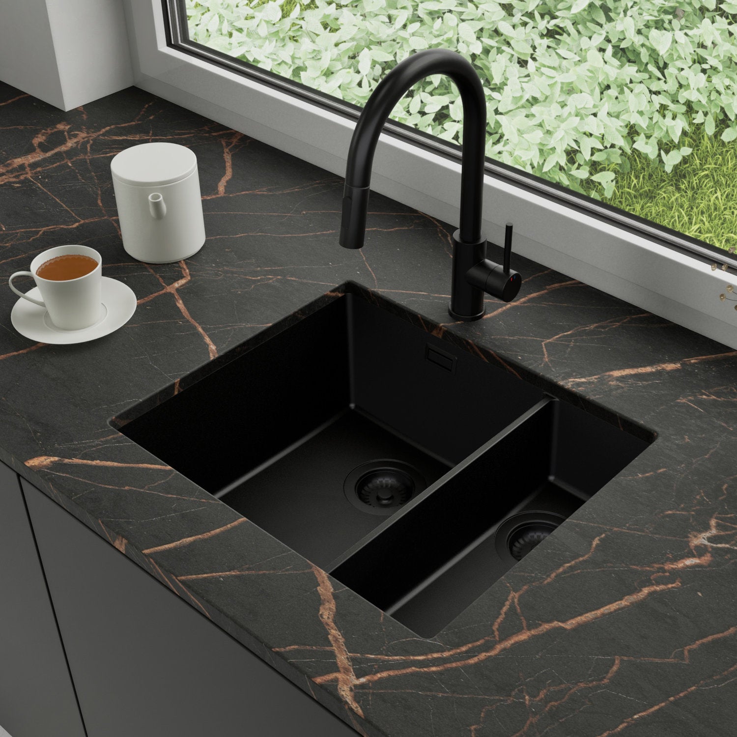 Zlewozmywak podblatowy 56x47cm, do szafki od 60cm + Bateria + Syfon - Agate Cały Czarny STONESTYLE