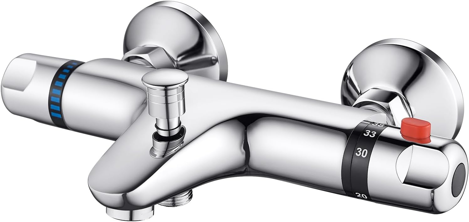 Bateria termostatyczna prysznicowa z mosiądzu z przyciskiem bezpieczeństwa, bateria wannowa z 2 wyjściami wody, chrom