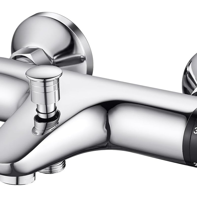 Bateria termostatyczna prysznicowa z mosiądzu z przyciskiem bezpieczeństwa, bateria wannowa z 2 wyjściami wody, chrom