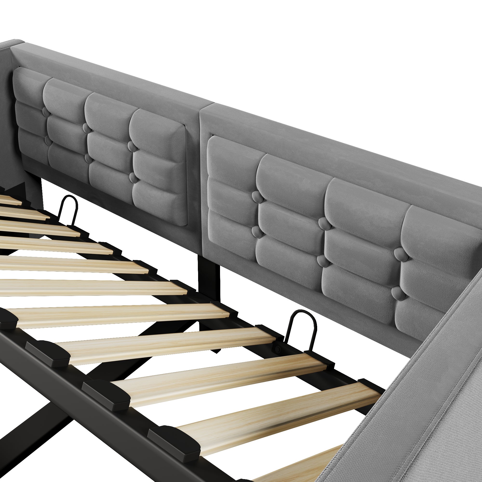 Rozkładana sofa 90 x 190 cm, wyposażona w hydrauliczny schowek oraz porty ładowania USB i Type-C, szara, aksamit. - 8