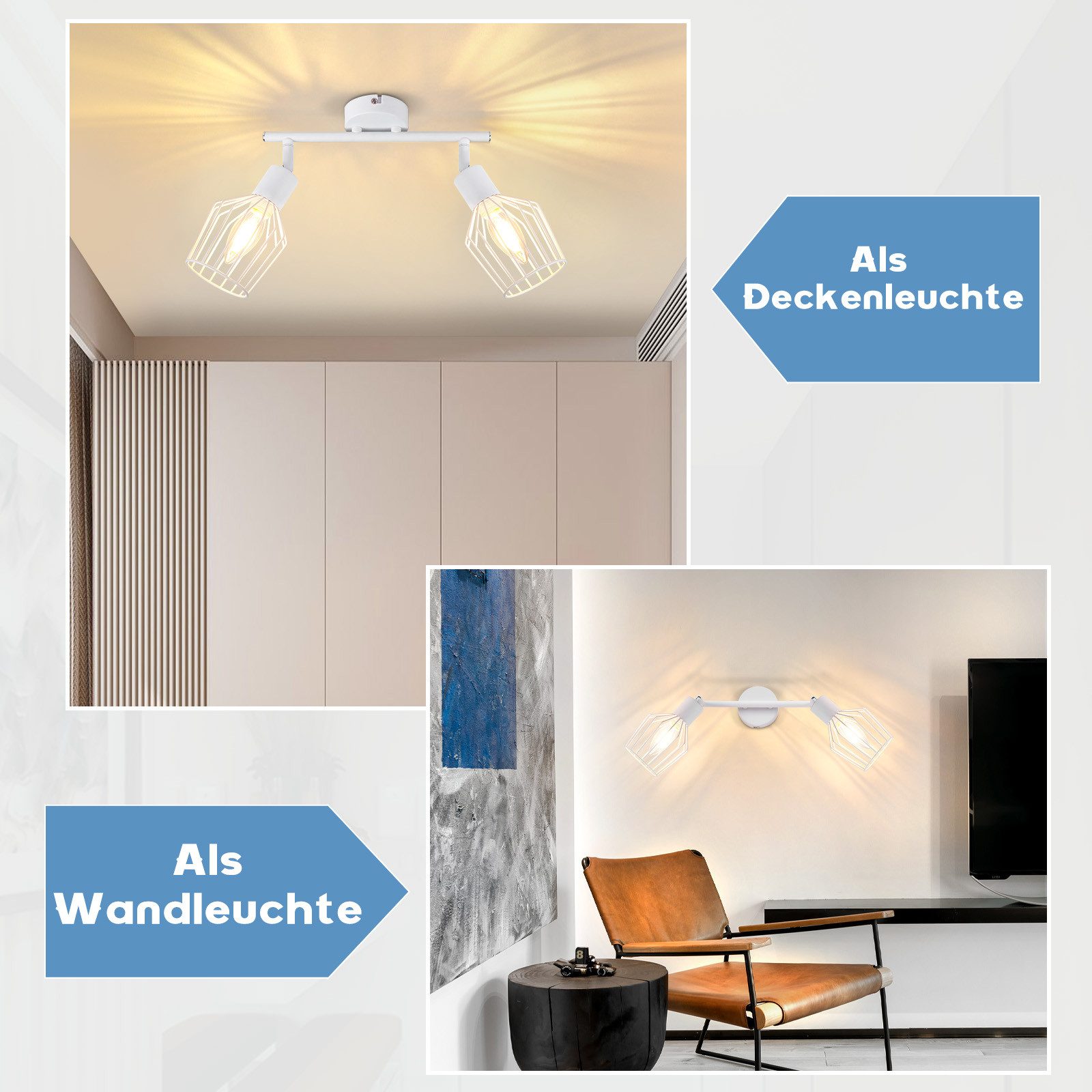 NETTLIFE Foco de Techo，2 luces E14 - Metal, Lámpara de Pasillo Industrial Giratoria 350°, Aplique de Pared para Pasillo y Sala de Estar, Blanco - 7