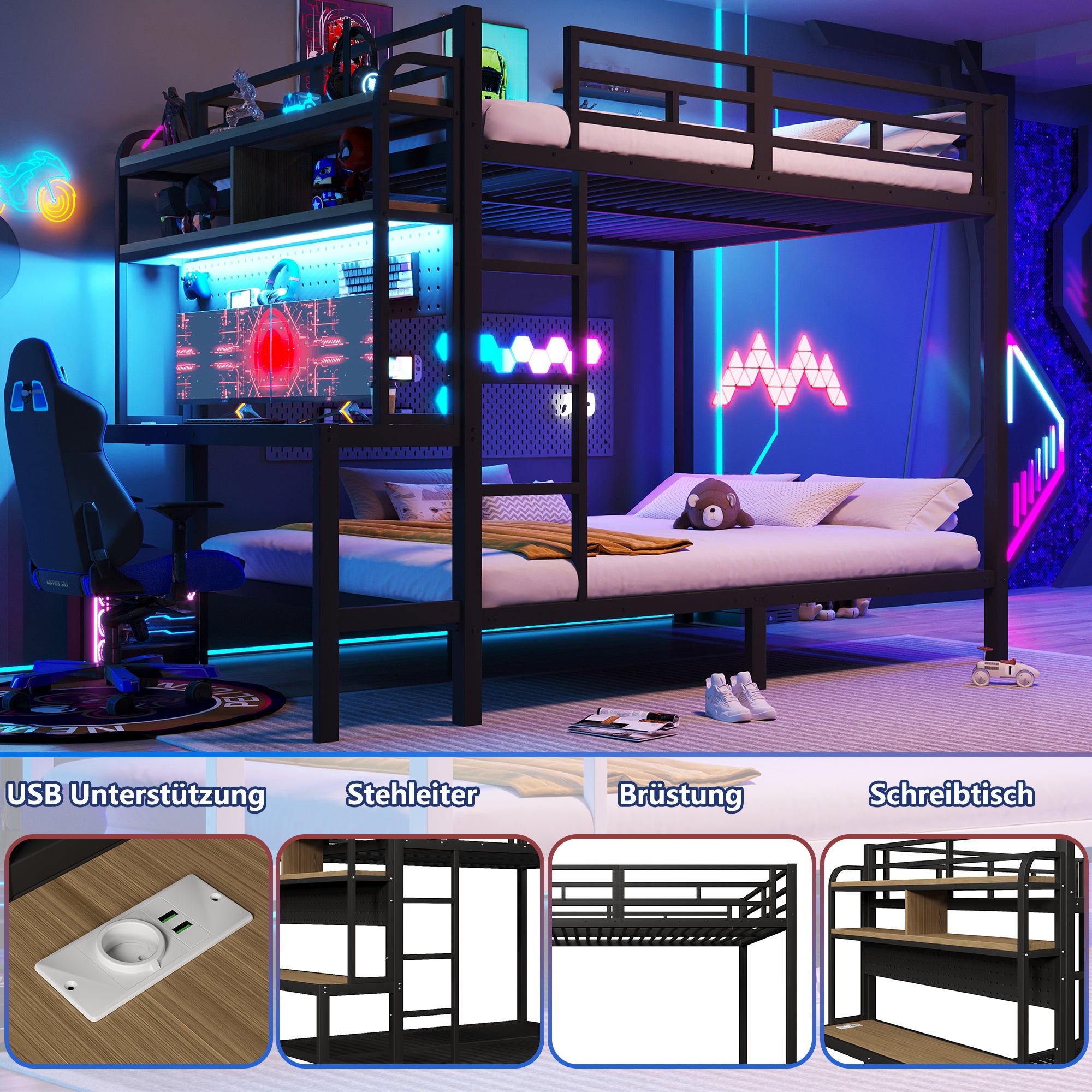 Łóżko piętrowe 2 x 140 x 200 cm z biurkiem, oświetleniem LED i portem USB - MDF + rama żelazna - czarne (materac nie jest wliczony w cenę) - 3