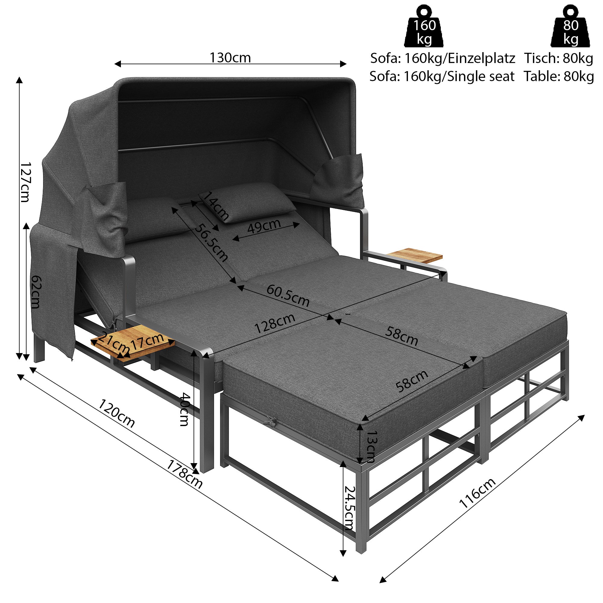 Salon bas de jardin en Métal Gris 2 personnes - 5