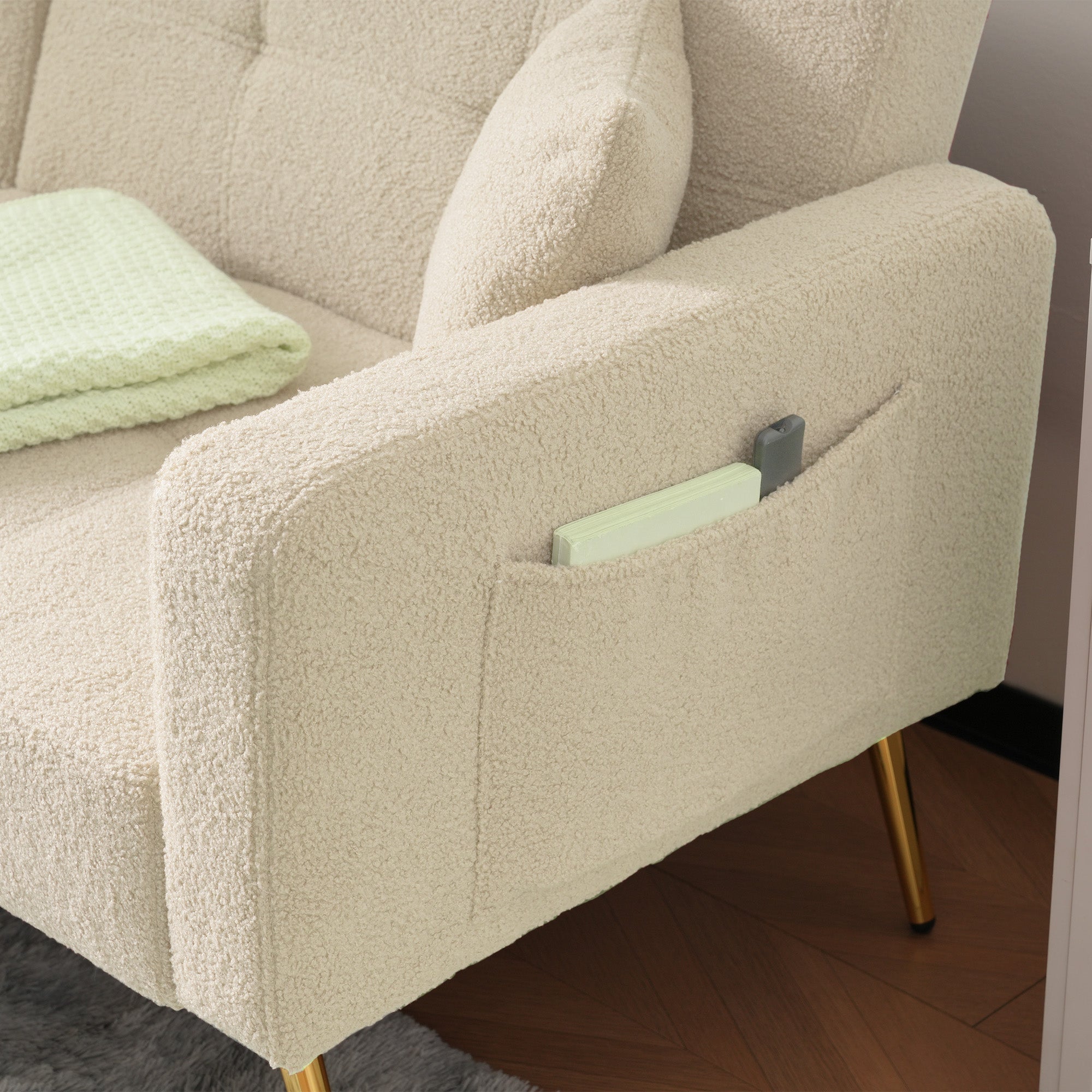 Canapé-lit 175x64x72cm inclinable avec fonction lit et rangements latéraux - Pieds dorés et coussin inclus - beige - 5