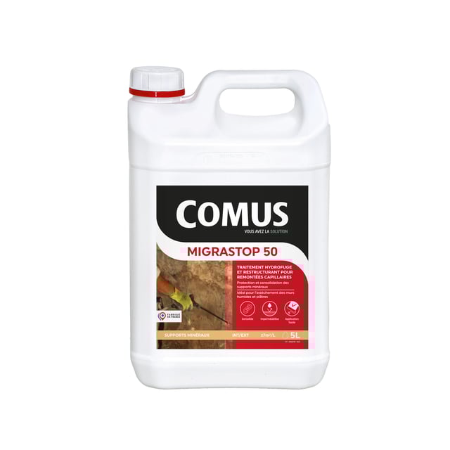 Hydrofuge Minéral MIGRASTOP® 50 - 5L - Traitement Hydrofuge pour remontées capillaires, murs humides, pierres calcaires - COMUS