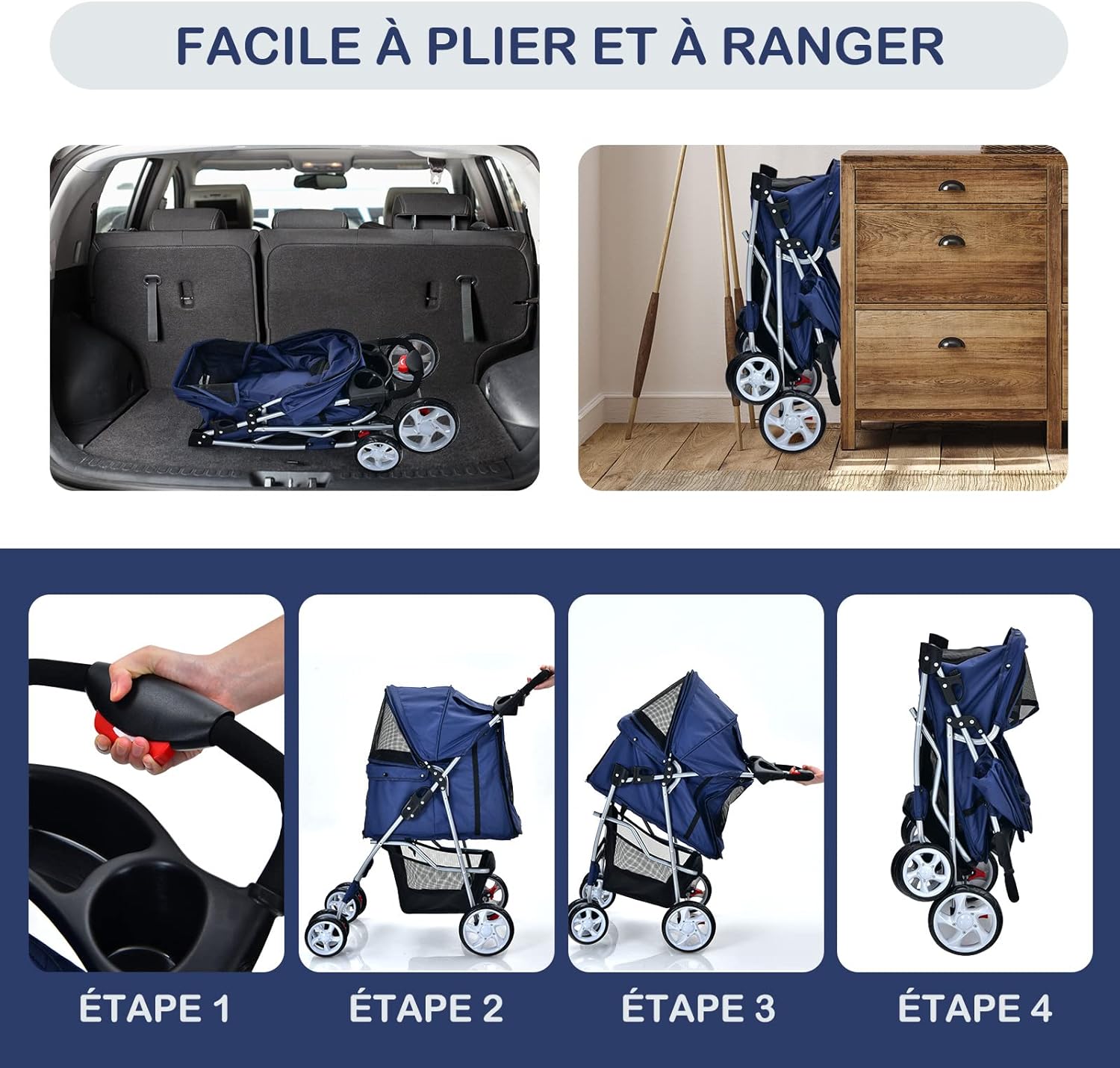 Passeggino per Cani Pieghevole, Carrozzina per Cani a 4 Ruote con Finestra a Rete Porta Bicchiere e Cesto, Passeggino Portatile per Animali Pi - 4