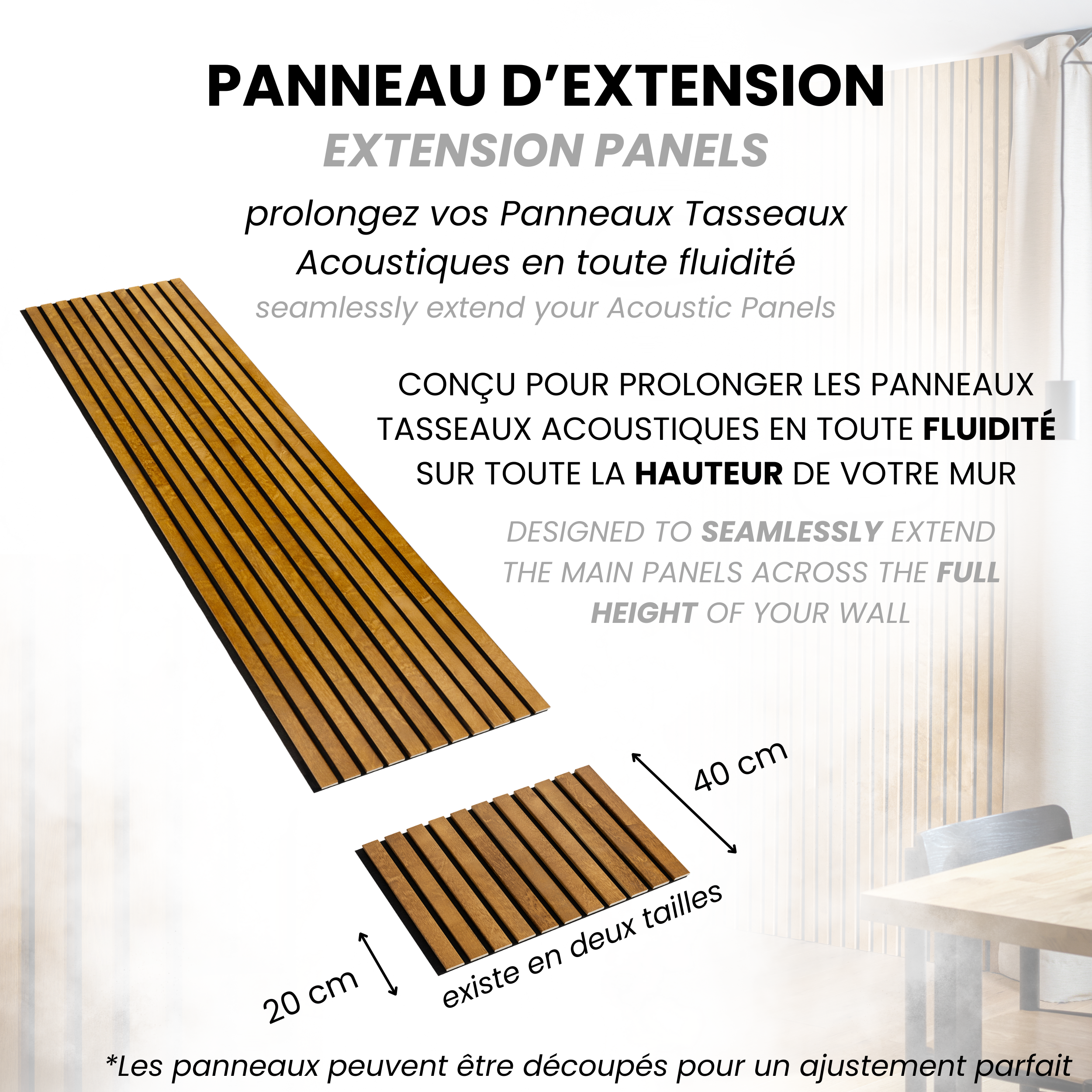 Lot de 2 Panneau Tasseau Acoustique en Bois - Bois de Bouleau Massif - 2400x385mm - Lattes 40mm, Support en Feutre Noir - 8