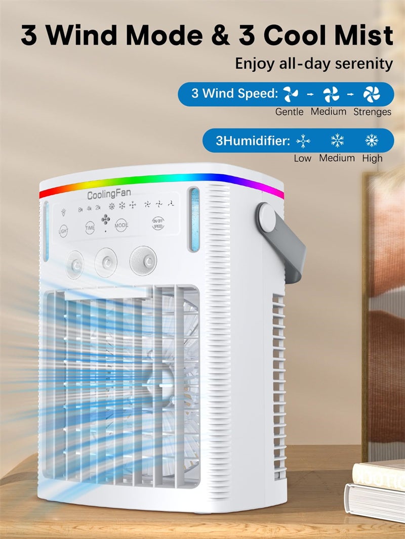 Climatiseur portable, mini climatiseur mobile évaporatif à double buse 1000 ml, avec télécommande, 3 vitesses, 7 couleurs d'éclairage, pour chambre - 2