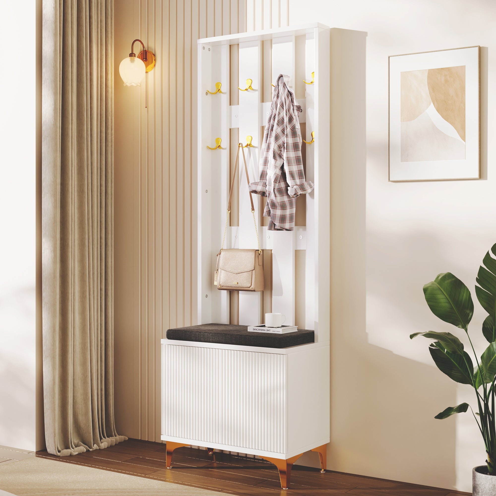 Scarpiera Panca In Legno Massello Aibiju | 2 Ripiani Altezza Regolabile | Colore Bianco | 54x46x140 Cm | YD-WD05W - 5