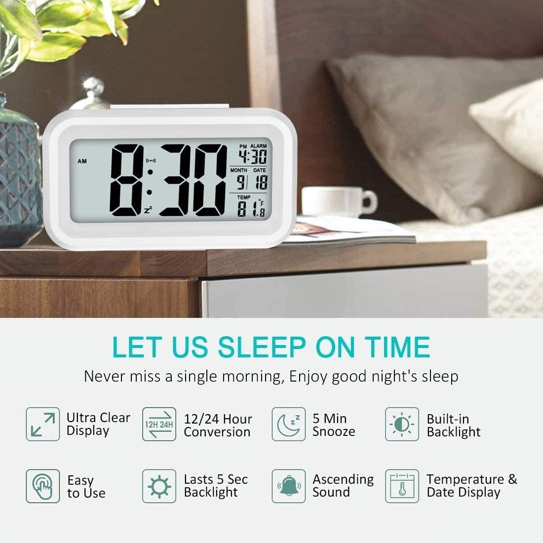 Réveil de voyage numérique, affichage LED silencieux pour enfants et adultes, calendrier de température, veilleuse avec fonction snooze - 2