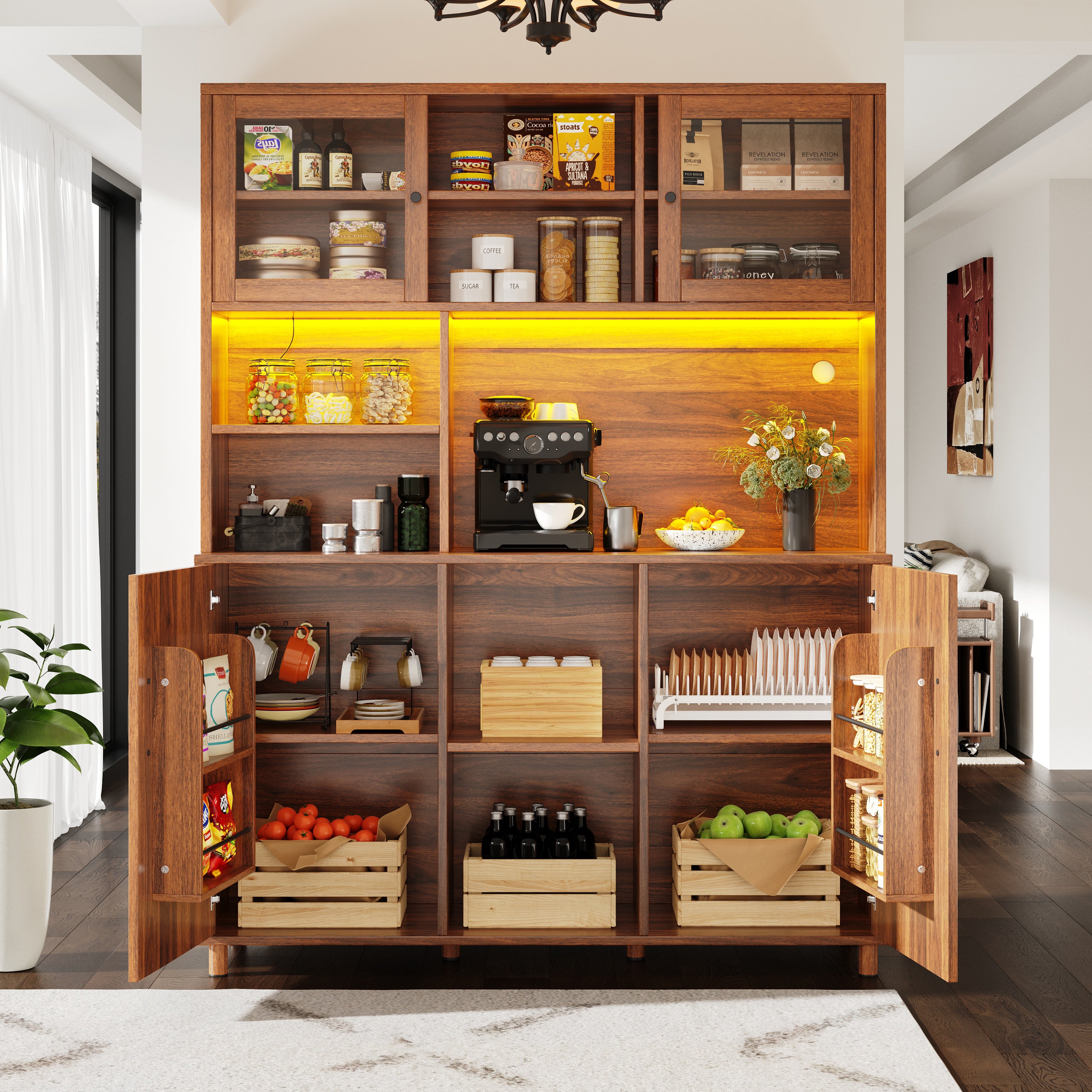 Meuble de cuisine 140×40×185 cm armoire haute avec 4 portes, LED, compartiments ouverts, en MDF, couleur marron - 3