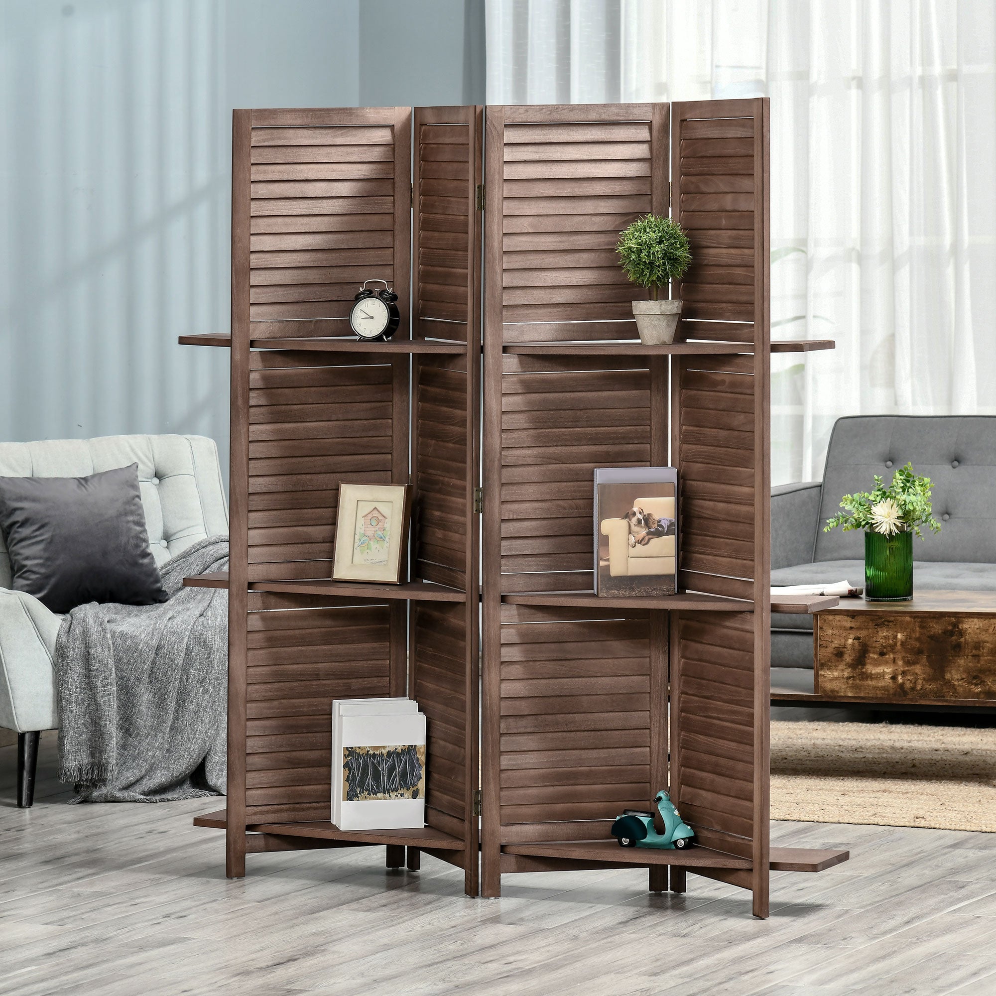 Paravent intérieur 4 Panneaux 162Lx170Hcm 3 étagères Pliables séparateur de pièce Portes persiennes Bois de Paulownia Noyer - 3