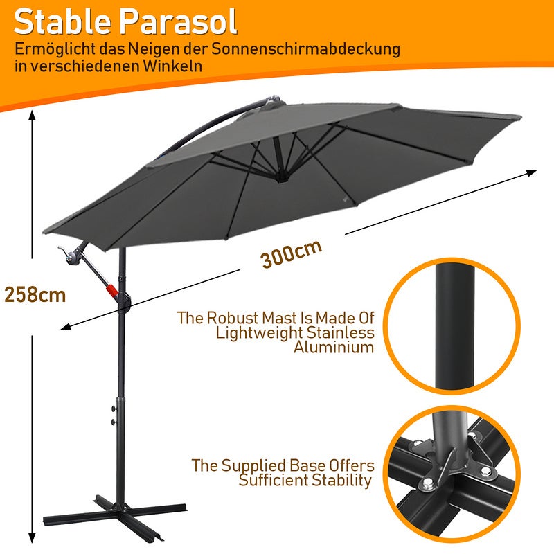 Parasol 300 cm Parasol de jardin Parasol de balcon rond Fonction d'inclinaison Hydrofuge pivotant à 360° Gris - 2