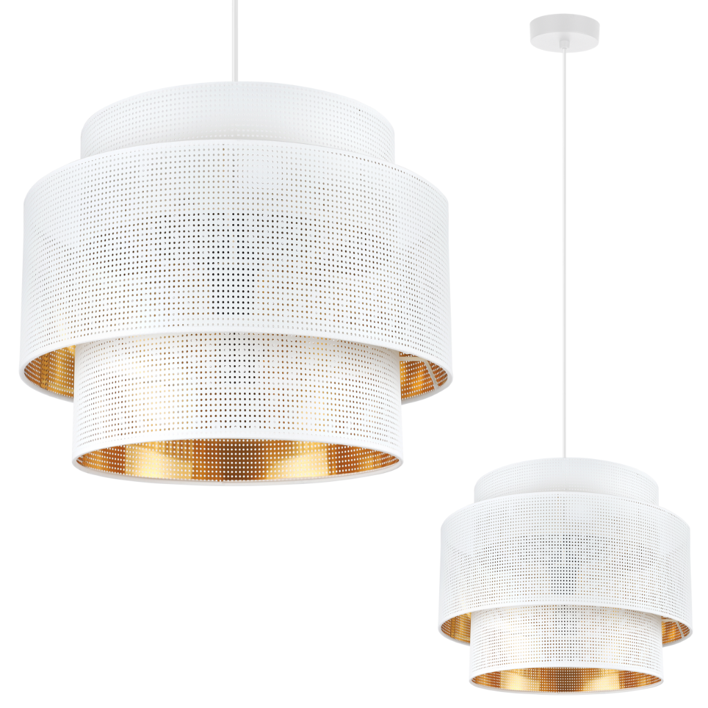 Lampa sufitowa wisząca Asti Trio biała glamour 1xE27 abażur okrągły siatka 35cm biały/złoty Light Home LH