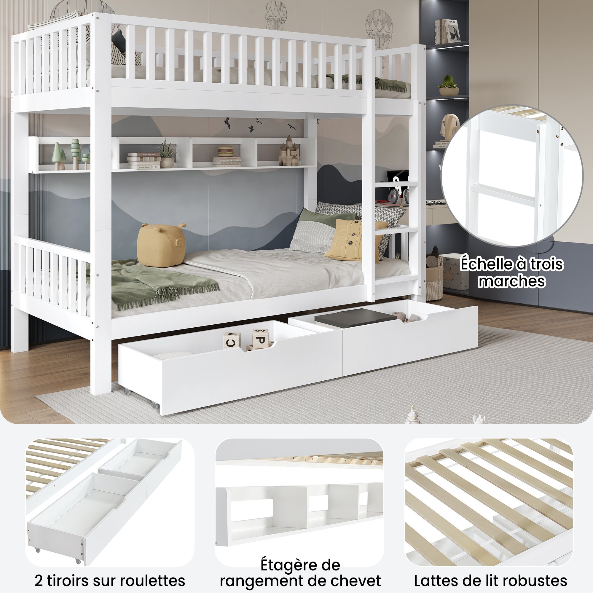 Lit superposés séparables 2 x 90 x 200 cm avec 2 tiroirs et étagères - Pin et MDF - Blanc (sans matelas) - 9
