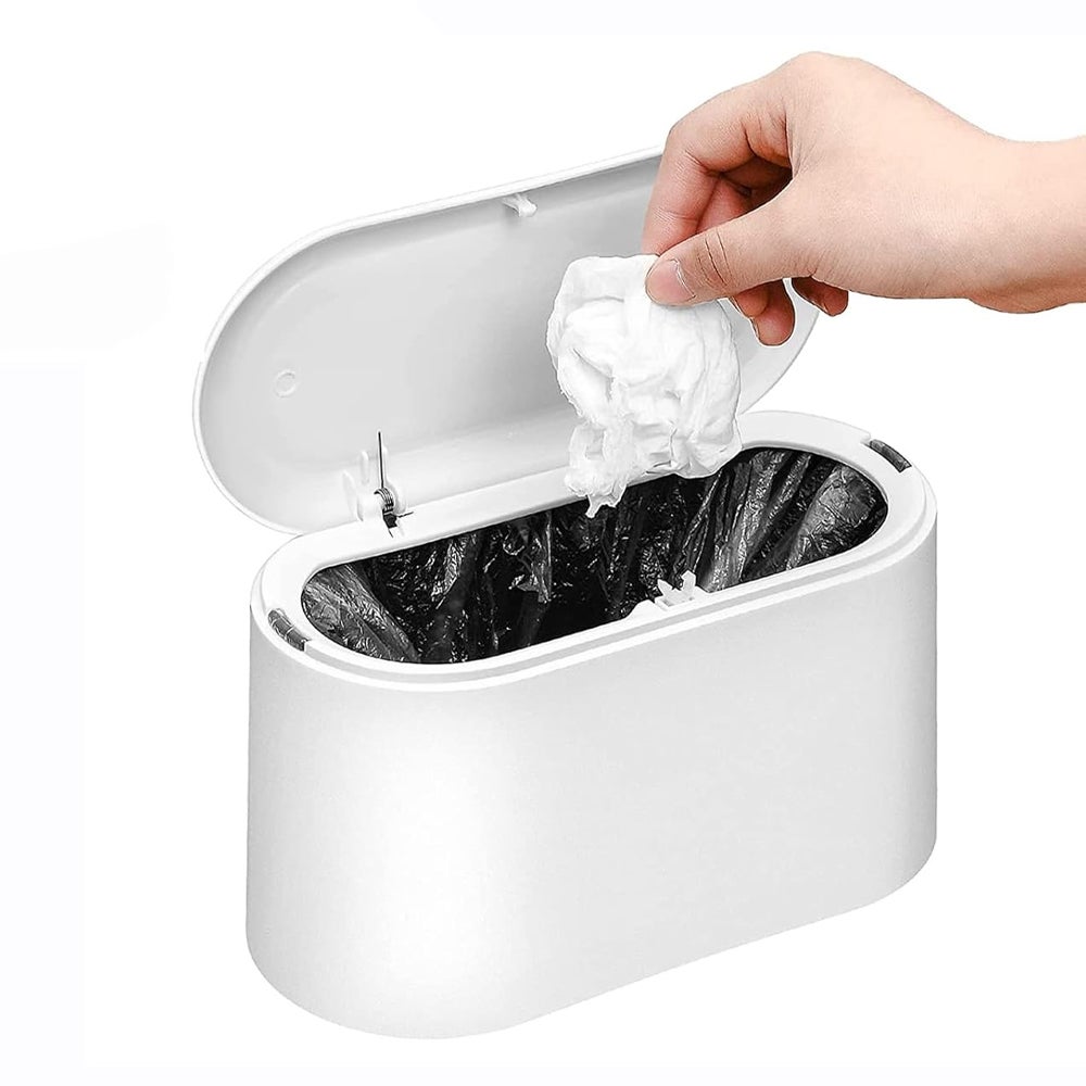 Mini kosz na śmieci biurkowy z pokrywką, wysuwana pokrywka na przycisk, mały kosz na papier, biały