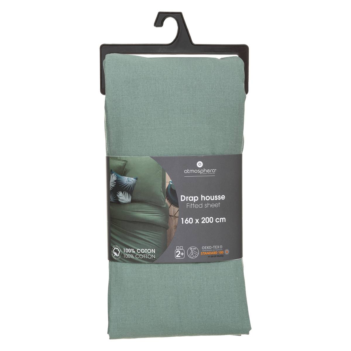 Drap-housse en coton - vert céladon - bonnet H30cm - 160x200 cm - Atmosphera créateur d'intérieur - 7