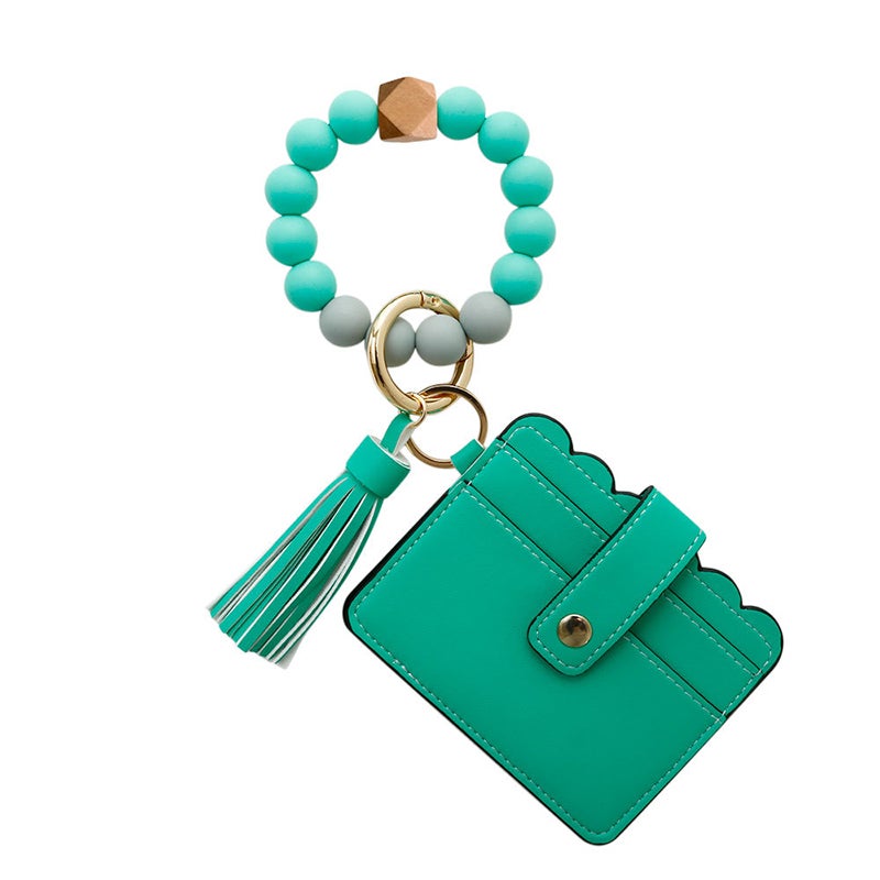 Bracelet Porte-clés En Silicone Pour Femme - Élastique Avec Perles Vertes Et Fleur, Anneaux Dorés