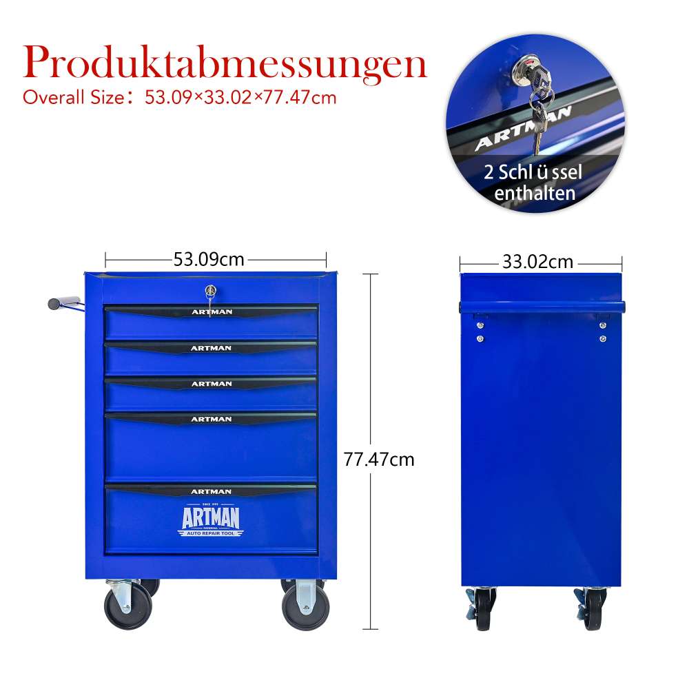 Caisse à outils roulante 5 tiroirs, glissières à billes, coffre en acier, organiseur, noir et bleu. - 3