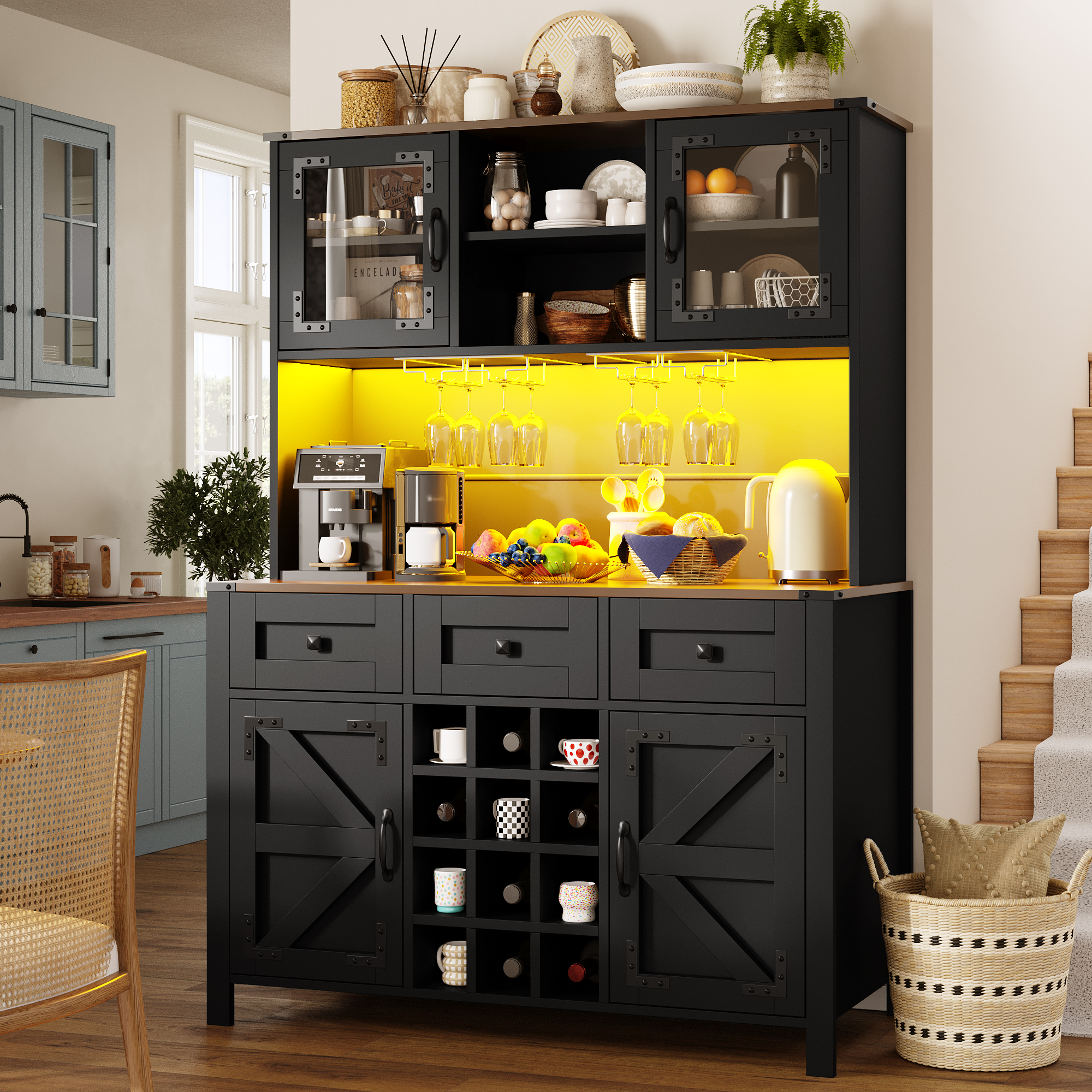 Aparador de cocina 120x40x170 cm, tomas ac y usb integradas, iluminación led, mdf y vidrio negro