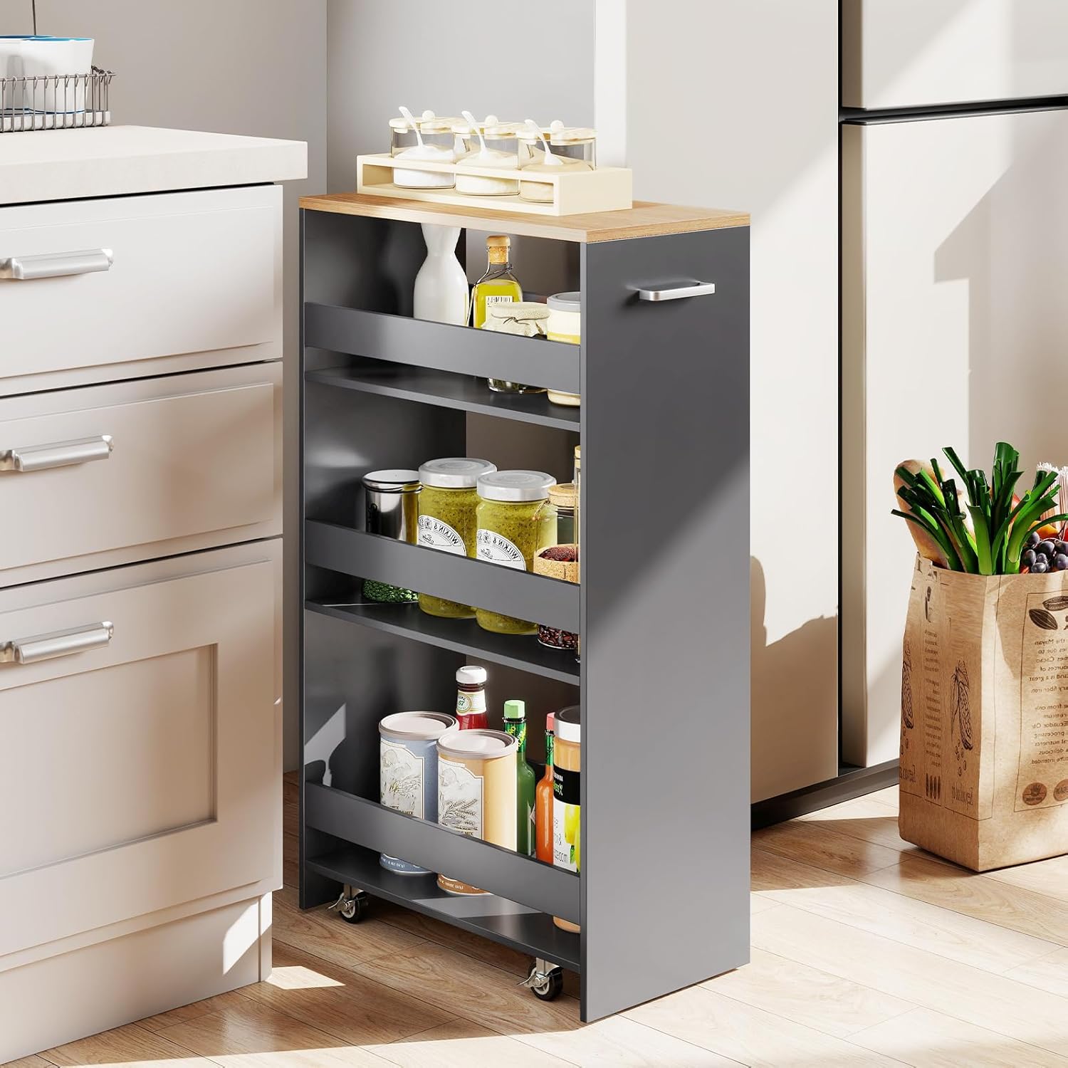 Chariot de Rangement Largeur 25 cm à roulettes, Desserte de Cuisine à 4 Niveaux, Poignée Latérale et Roues Universelles avec Freins (Gris + Naturel) - 2
