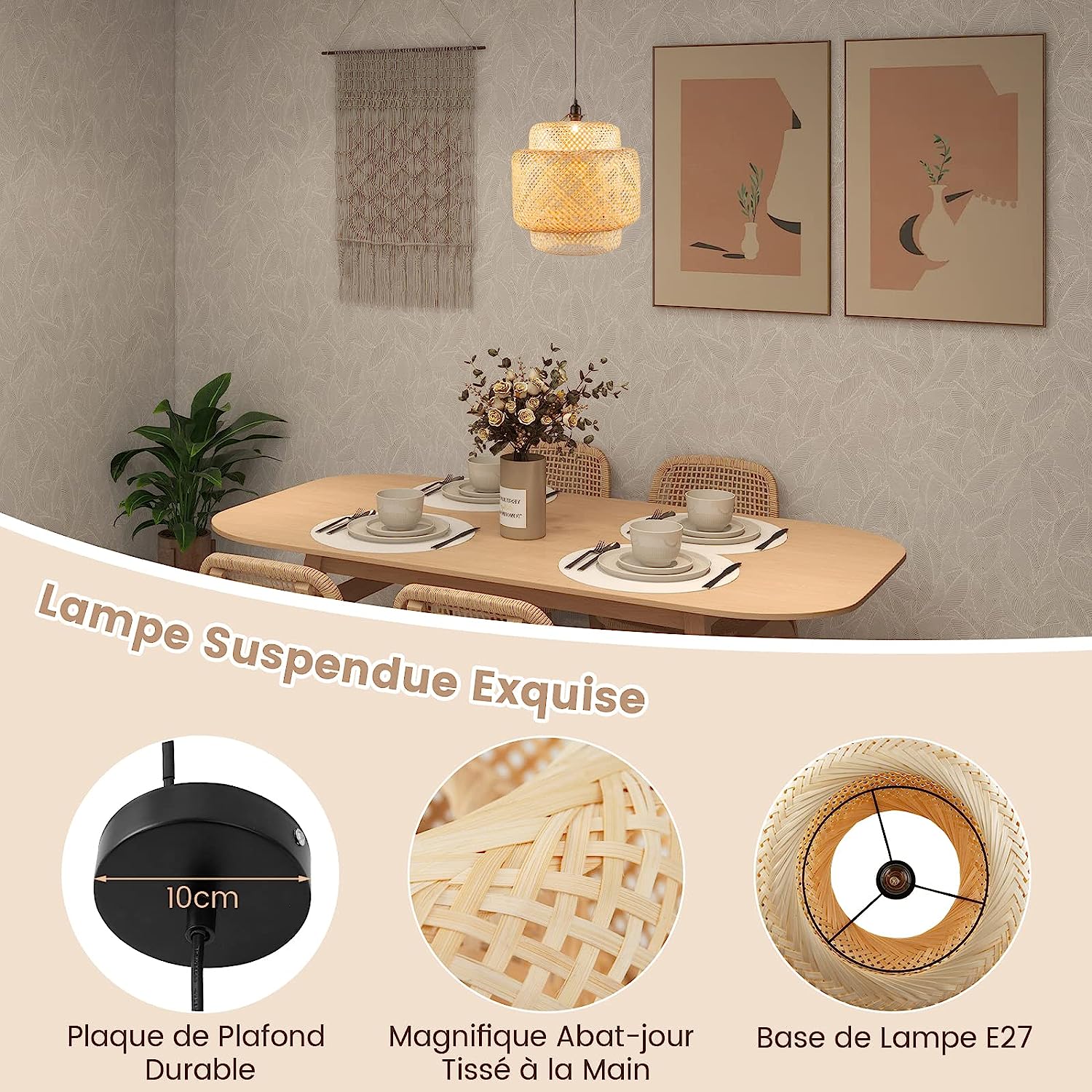 Lampadario da Camera da Letto, Soggiorno e Cucina, Lampada a Sospensione in Bambù con Paralume e Corda Regolabile, Plafoniera Soffitto Moderno - 5