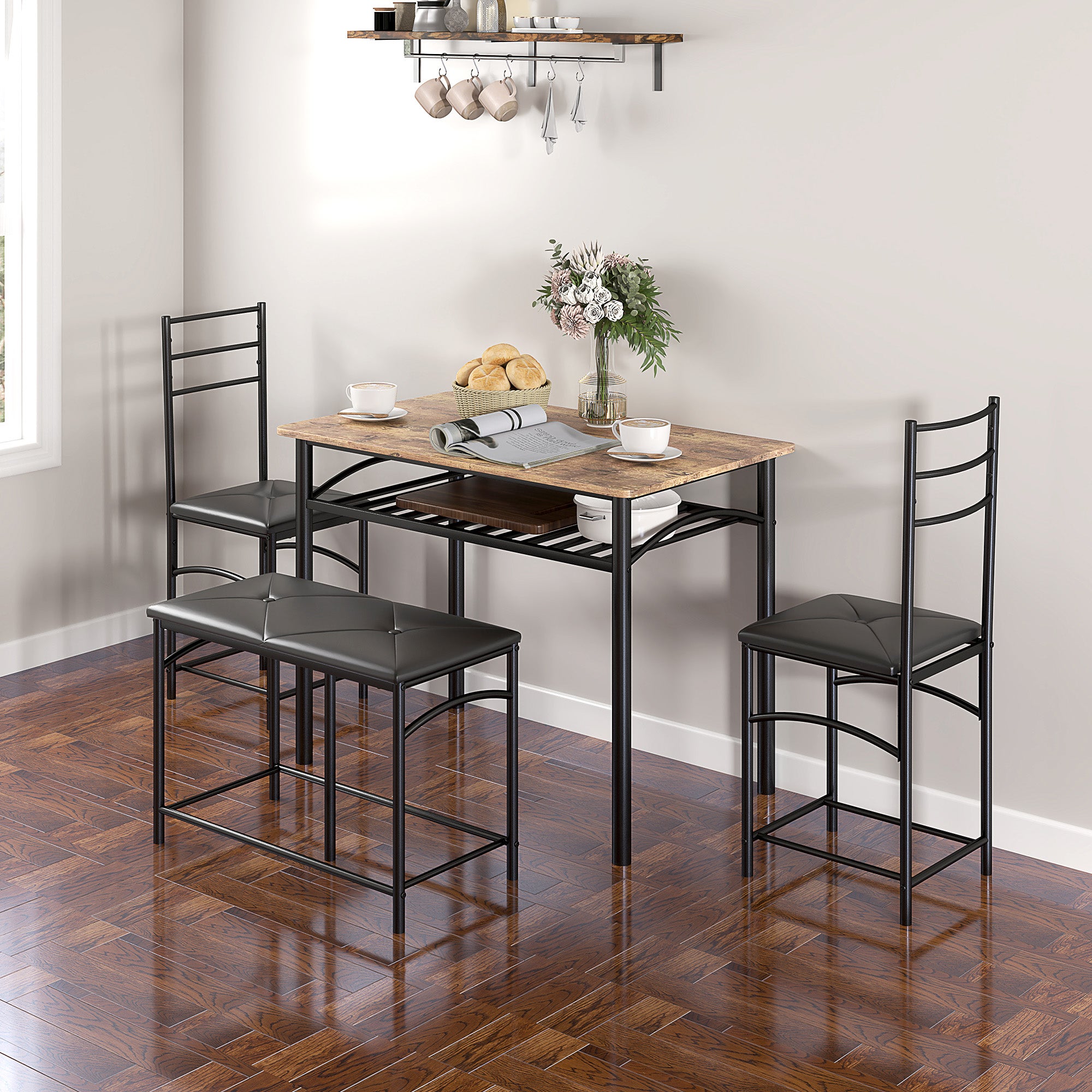 SDHYL Ensemble Table de Salle à Manger avec 2 Chaises et 1 Banc avec étagère Cadre en Acier pour 4 Personnes Vintage