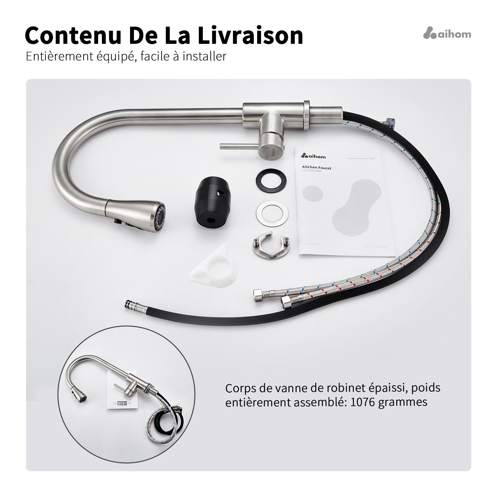 Robinet de Cuisine avec Douchette Extractible Mitigeur Cuisine Brossé en Acier Inox Robinet d'évier pour Cuisine Rotatif à 360° avec 3 Modes - 9