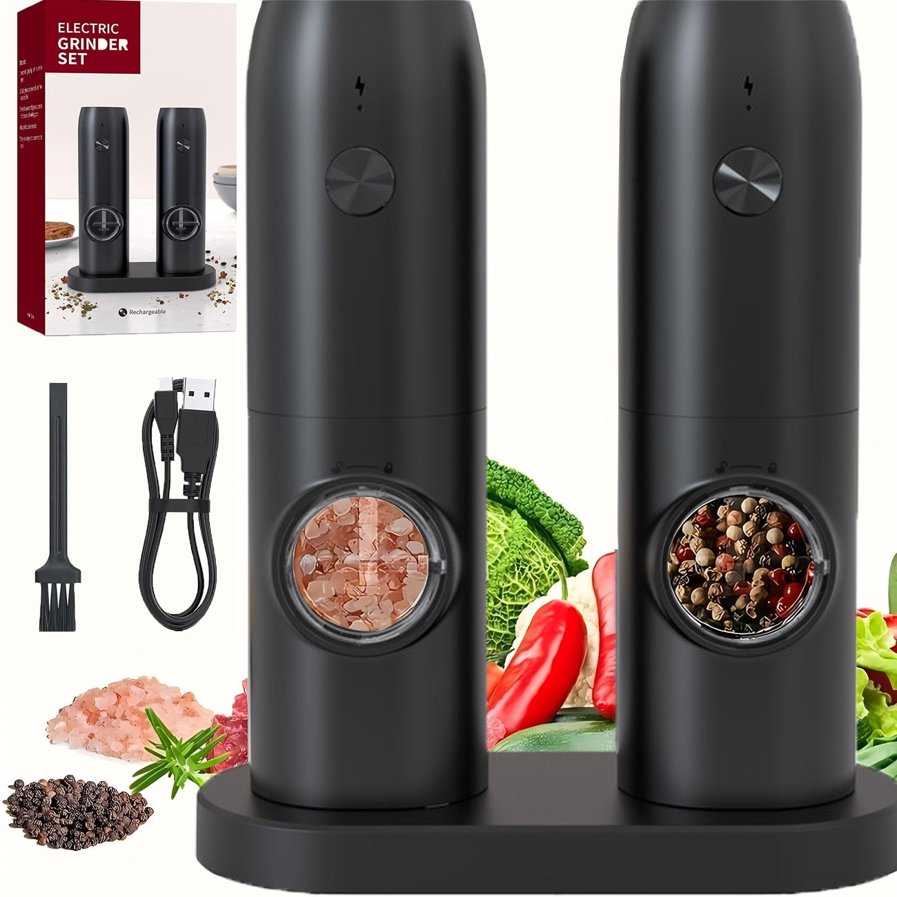 Set Di 2 Macinasale E Pepe Elettrici Ricaricabili, Con Macinatura Regolabile, Luce LED, Contenitore Lavabile, Ricarica USB-C