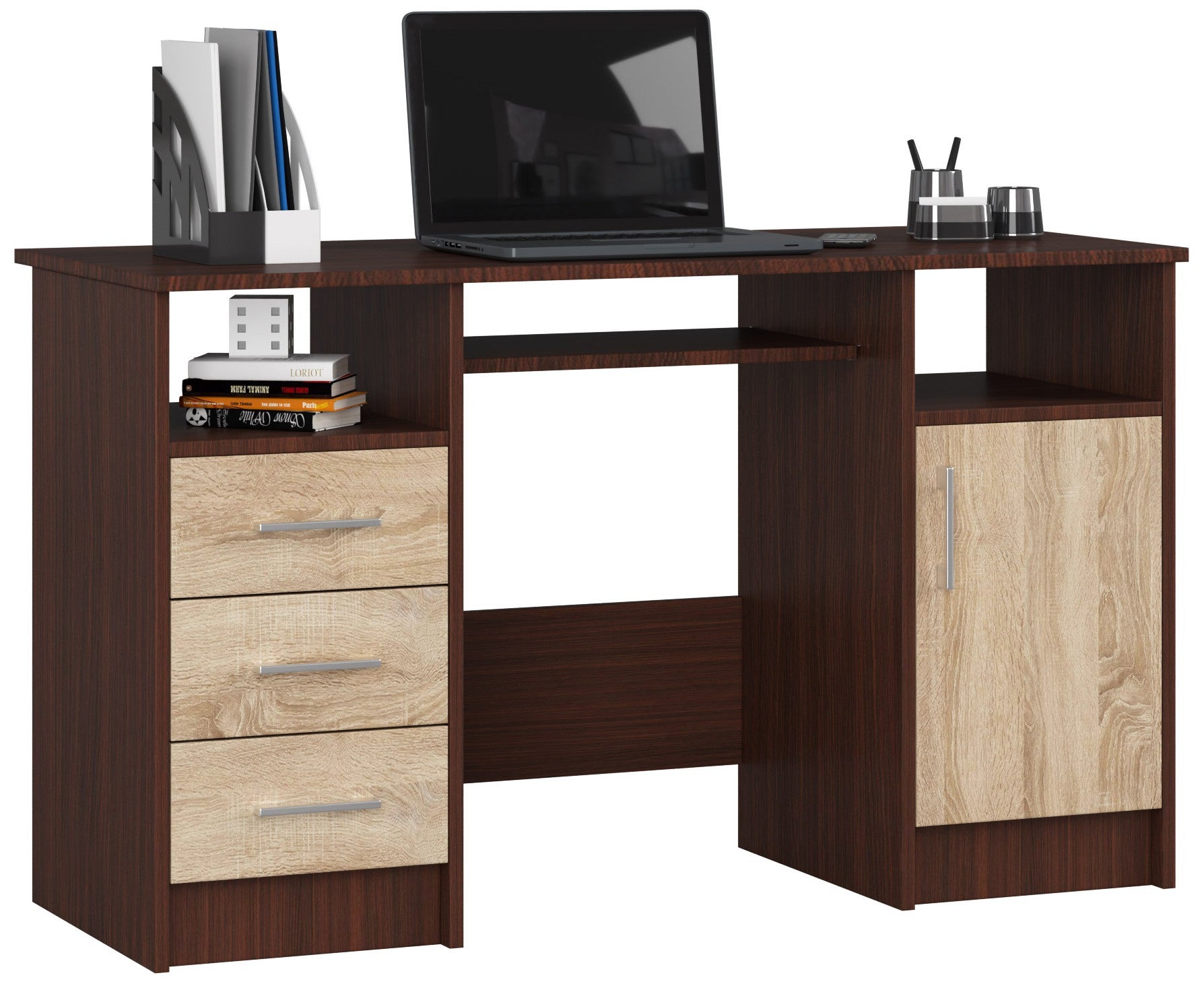 Biurko AKORD ANA Wenge 124 cm biurko komputerowe 1 drzwi 3 szuflady kolor Dąb Sonoma mat 5 półek 124x52x74 cm
