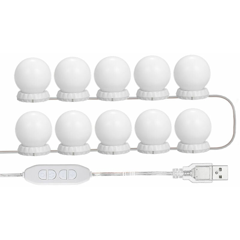 Zestaw oświetlenia lustra toaletkowego LED z 10 ściemnialnymi żarówkami, 10 ustawieniami jasności i 3 trybami oświetlenia, zasilanie przez USB, kolor