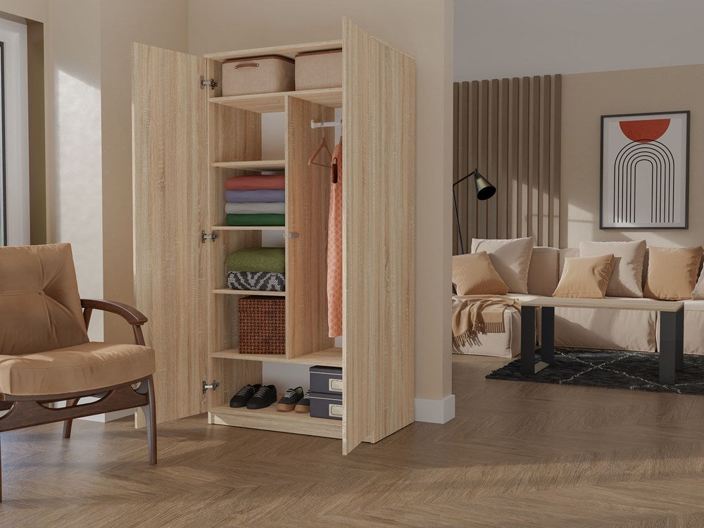 ESME - Armoire double style scandinave chambre à coucher - 90x50x180 - 2 portes - Dressing - Sonoma - 7